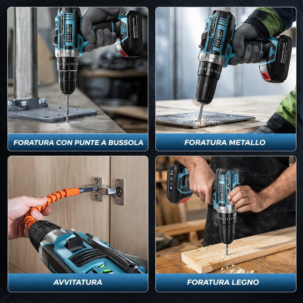 Trapano Avvitatore a Batteria 48V MAX Professionale, 2 Velocità 0-2350 RPM, 25+3 Coppie, Mandrino Autoserrante, Luce LED, Kit Completo con Valigetta e Accessori