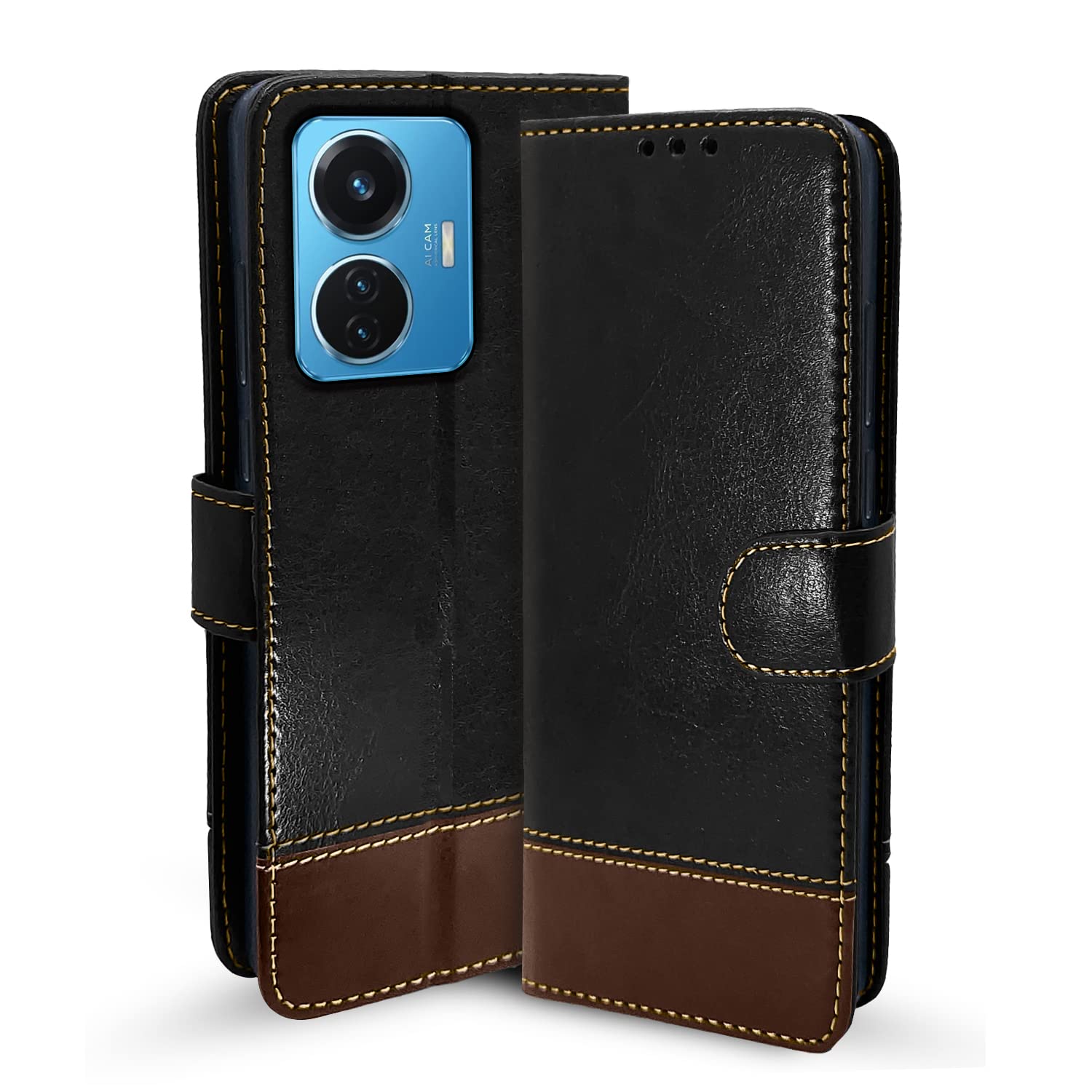 Pikkme iQOO Z6 44W / Vivo T1 44W Flip Cover | Dual-Tone PU Leather Finish | Wallet Style & Stand | Magnetic Flip Case for iQOO Z6 44W / Vivo T1 44W (Black & Brown) (B0B9NGL9B7) Amazon Price History, Amazon Price Tracker