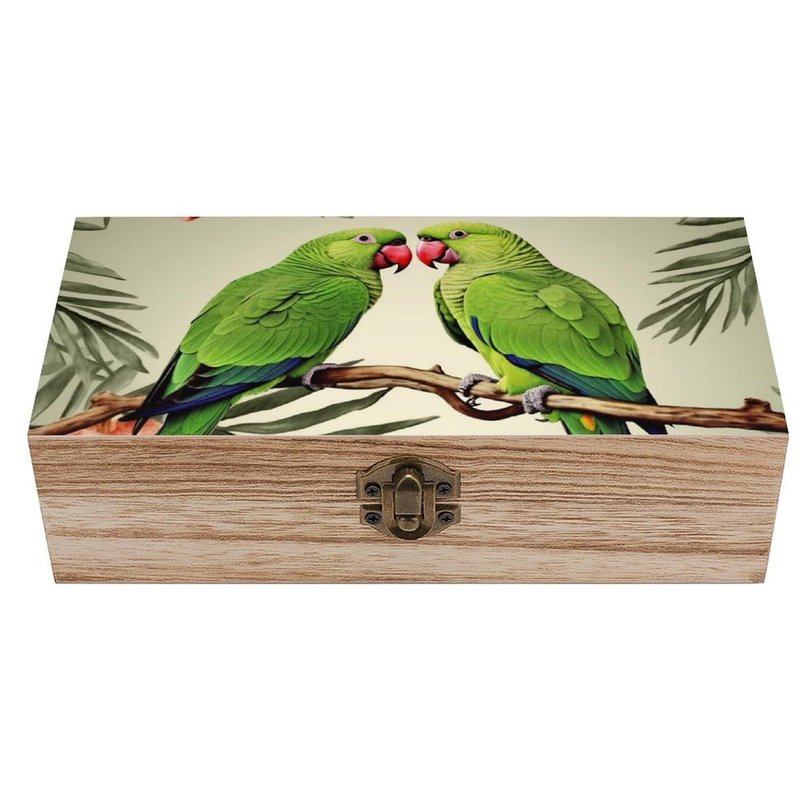 Oudrspo Couple Parrots Olive Wooden Keepsake Box Decorative Memory Storage Box with Hinged Lid Small Jewelry Keepsake Boxes for Storing Gift Pictures Letters Time Capsule
