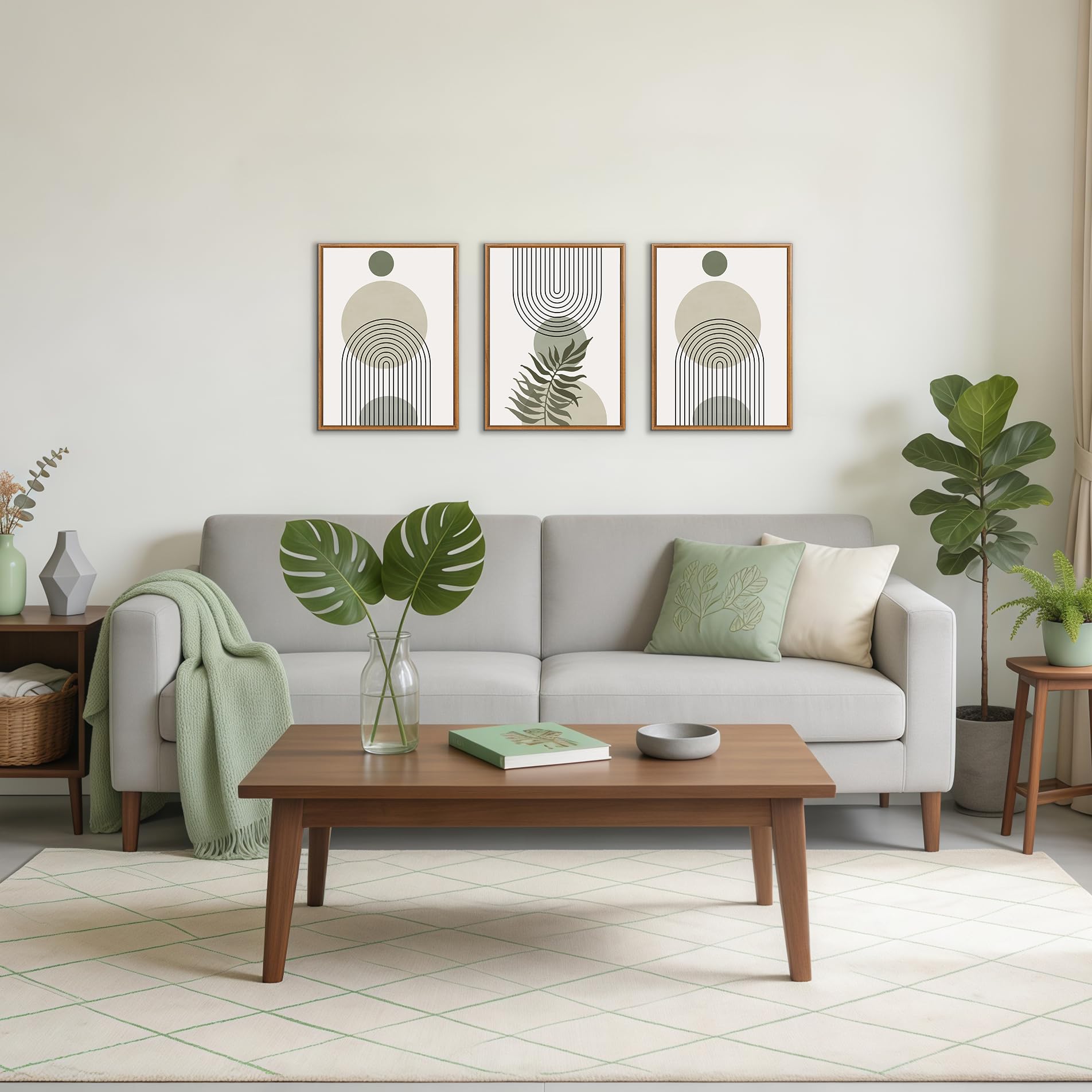 3 Pcs Wooden Framed Canvas Wall Art Set Bohemian Sage Green Canvas Prints Poster Geometric Line Beige Green Pictures for Living Room Bedroom Dinning Room Hallway Stairs Wall Decor 30x40cm x3pcs — view 247