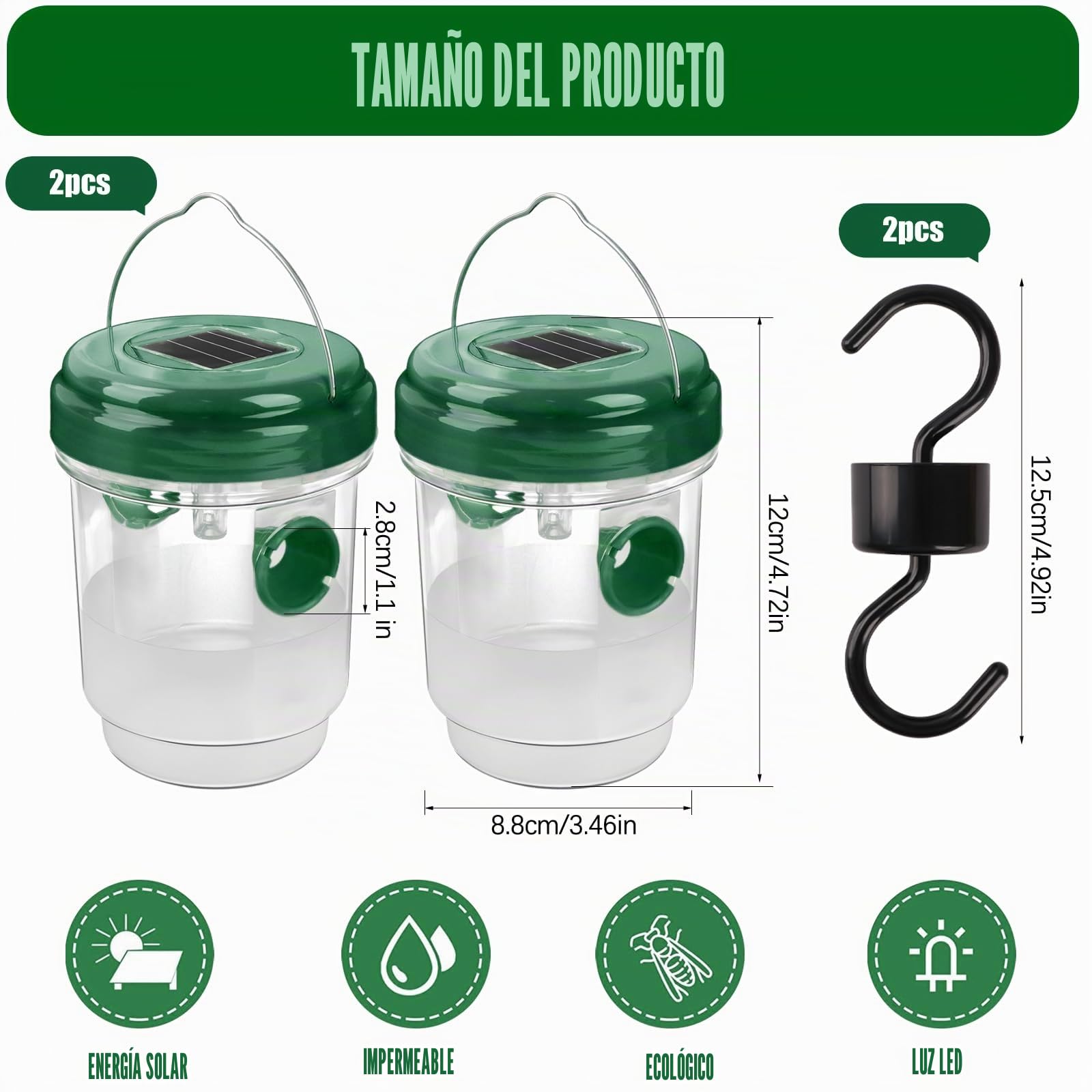 Trampa para avispas, paquete de 2 trampas para avispas para colgar al aire libre, reutilizables, impermeables, trampas para avispa chaqueta amarilla con luz LED, trampas eficaces para avispones