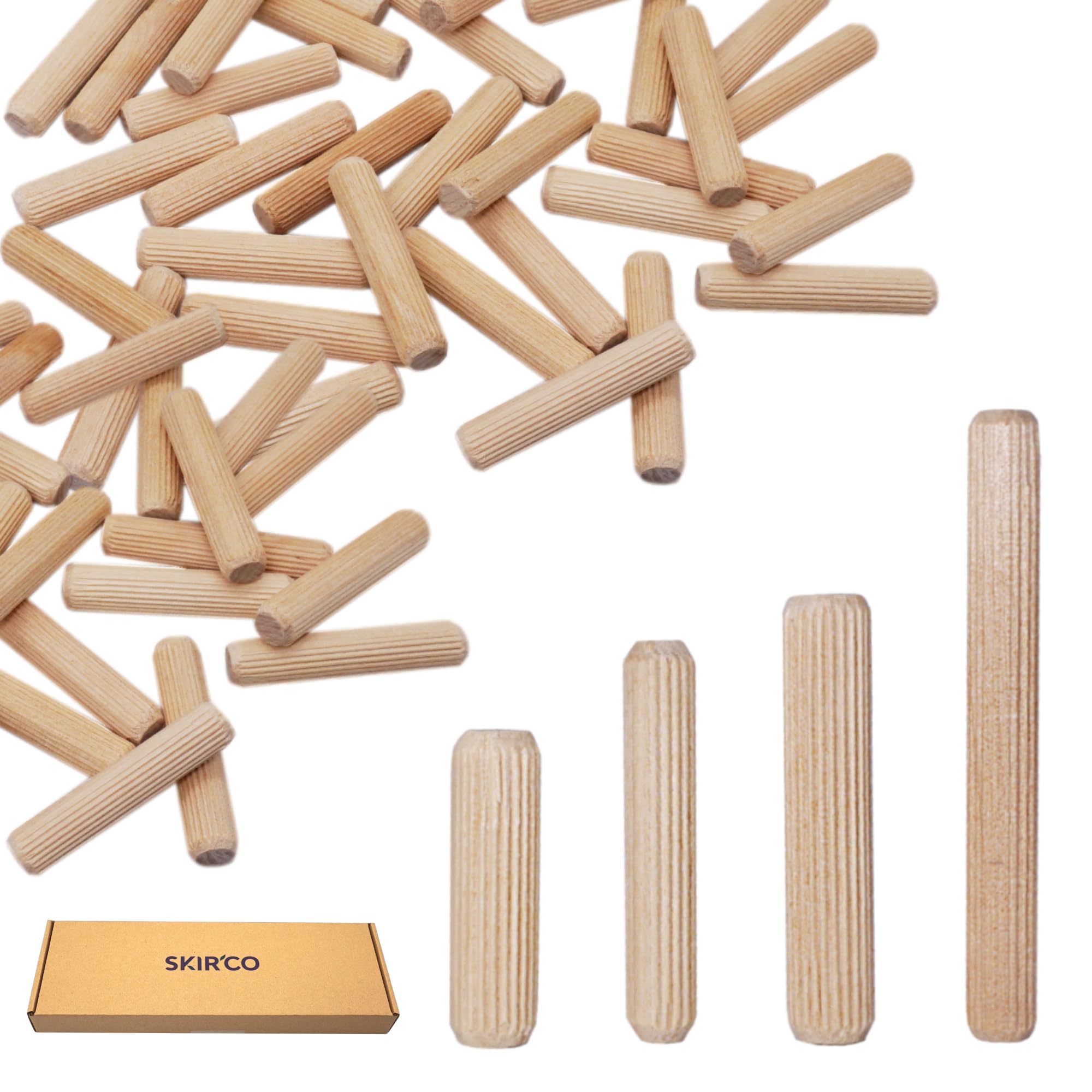 SKIR'CO (200 pezzi) Tasselli in Legno 8 x 35 mm, Tappi in Legno Scanalati, Perni Scanalati per Mobili, Tasselli Scanalati