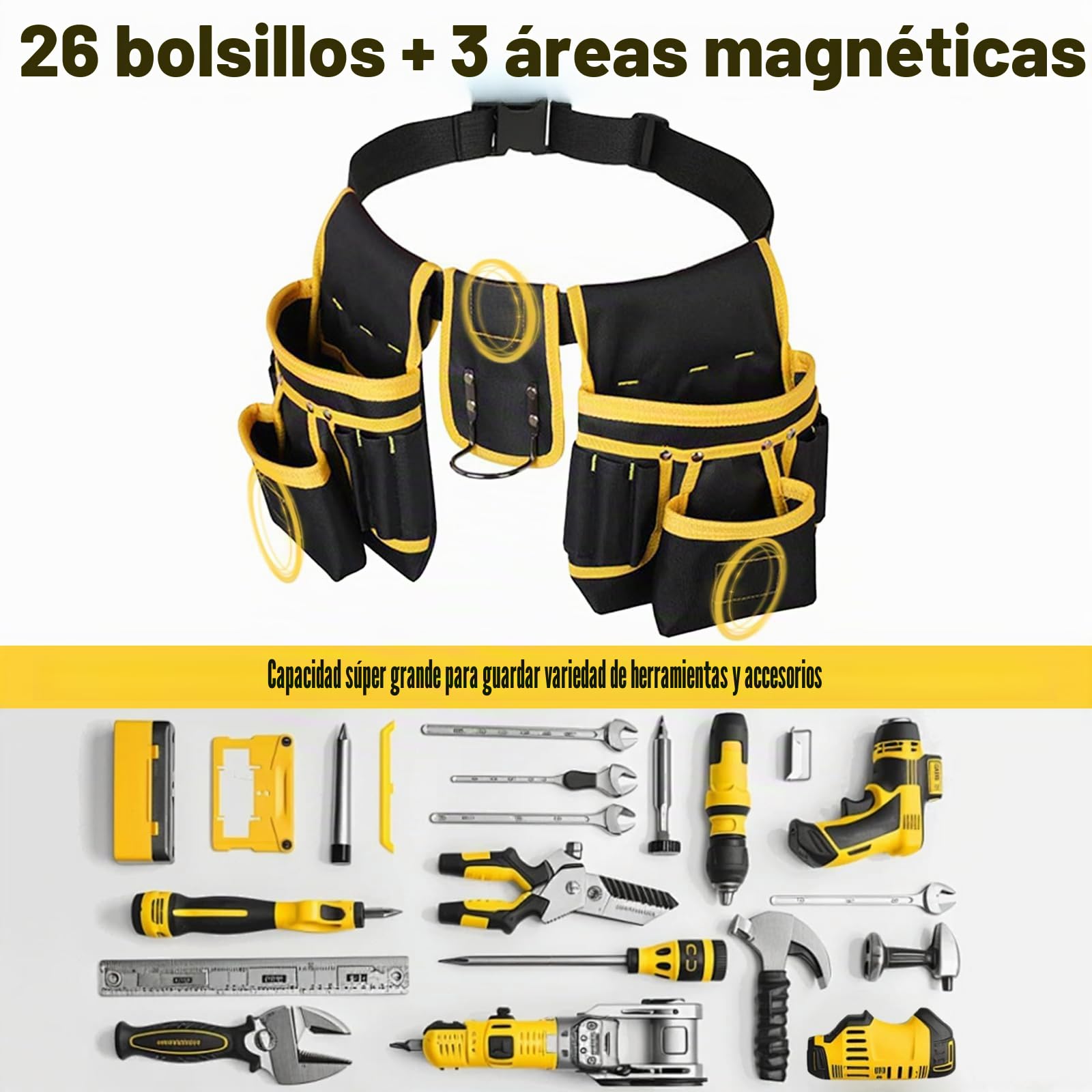 Cinturón de Herramientas con 26 Bolsillos y 1 Portamartillo Anillo Magnética Cinturon Portaherramientas Cinturon Herramientas Electricista Ajustables y Desmontables para Carpintero Construcción
