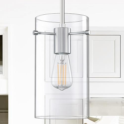 Miniatura 8 de Doraimi Lighting Moderna lámpara colgante de 3 luces para isla de cocina, acabado de níquel cepillado, pantalla de cristal transparente de 5.3