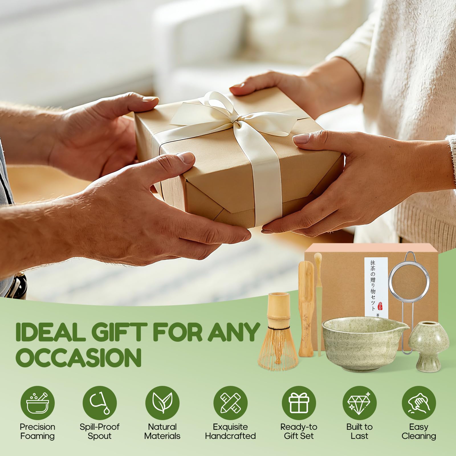 Matcha Kit, 6 Pezzi Set con Frusta per Matcha, Ciotola, 2 Cucchiaio, Setaccio e Supporto in Ceramica per Frusta, Ottimo Regalo Artigianale Tradizionale per gli Amanti del Matcha (Verde)