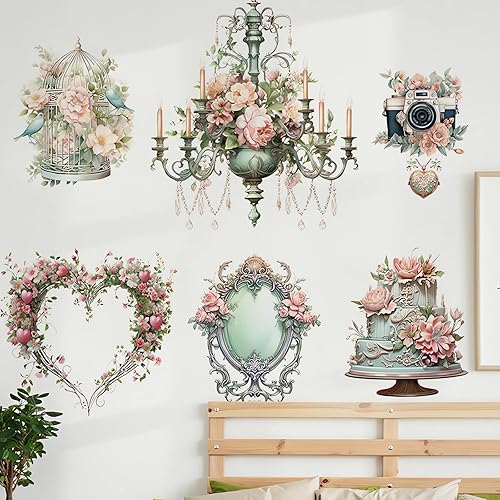 Miniatura 3 de Hermosas calcomanías de pared de peonía de rosas en maceta, sacinora DIY candelabro de jaula de pájaros, espejo de cámara, patrón de amor,