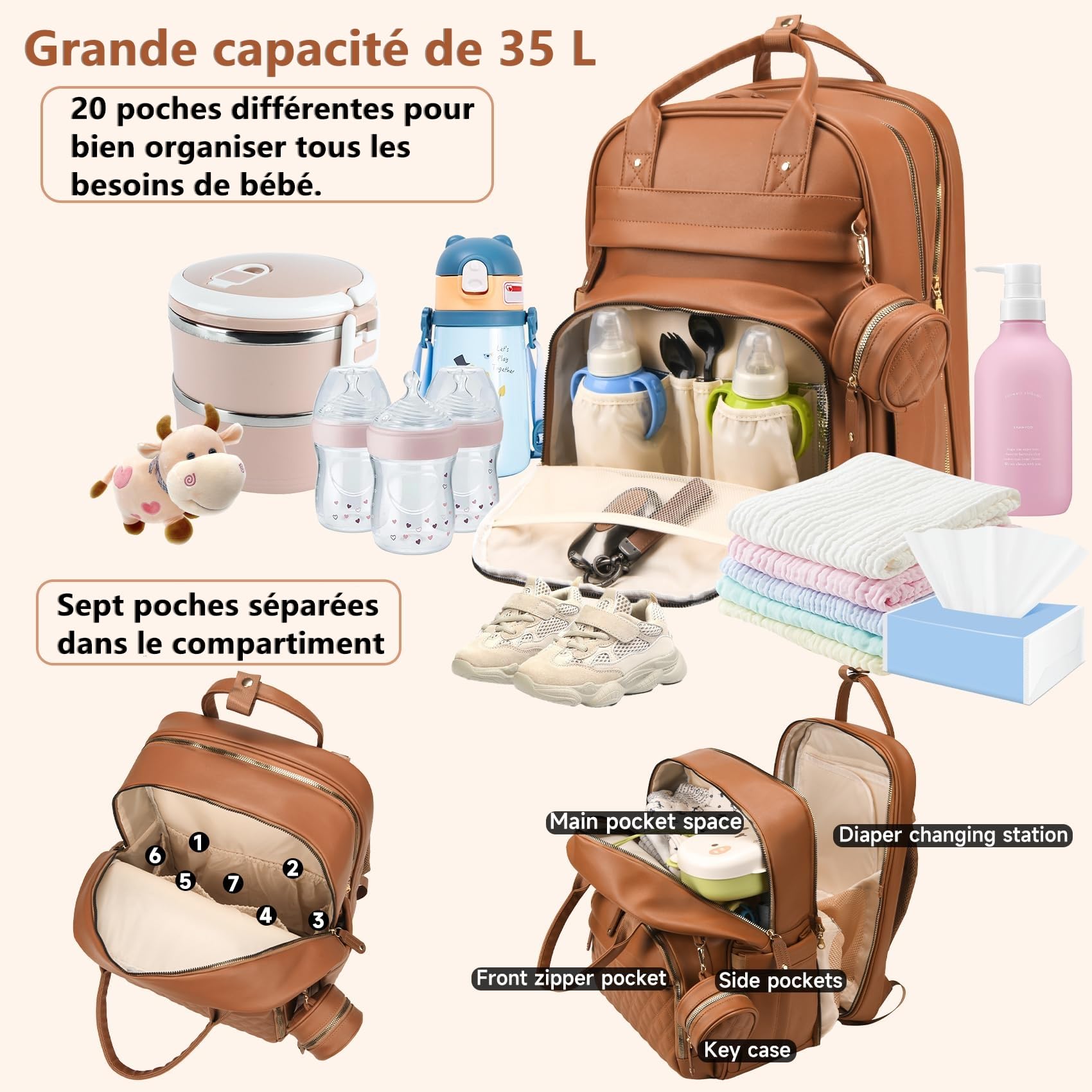 Sac à langer bébé, Sac à langer à dos portable, grande capacité, cuir déperlant, tapis à langer inclus, pare-soleil, porte tétine, sangles intégrées poussette