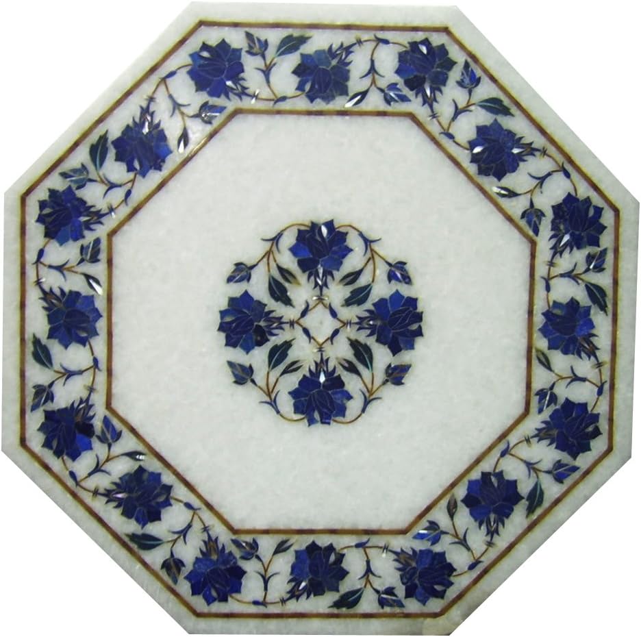 White Marble Inlay Pietra Dura Table Top 12" inch ~ Lapis Lauzi, Beautiful Inlay Art Work Simple Floral Flowers Designer Made For One Semi-Percious Stone Luxury Home Decorative For Gift Purpose