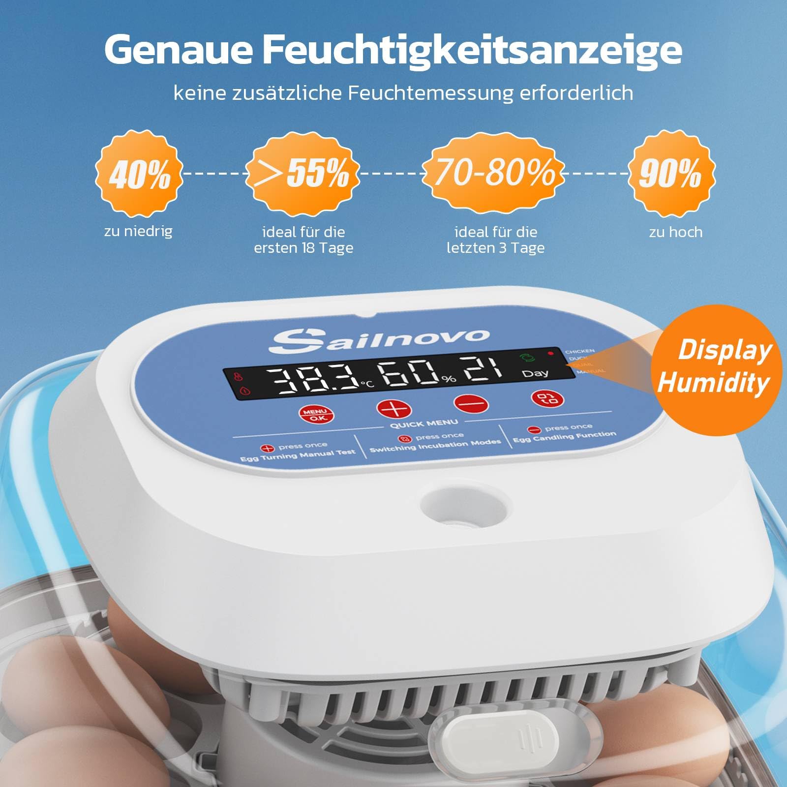 Sailnovo Incubadoras de huevos para incubar, 12 huevos, incubadora para huevos de gallina con 4 modos, visión de 360°, incubadora de huevos con giro automático y control de temperatura, Azul