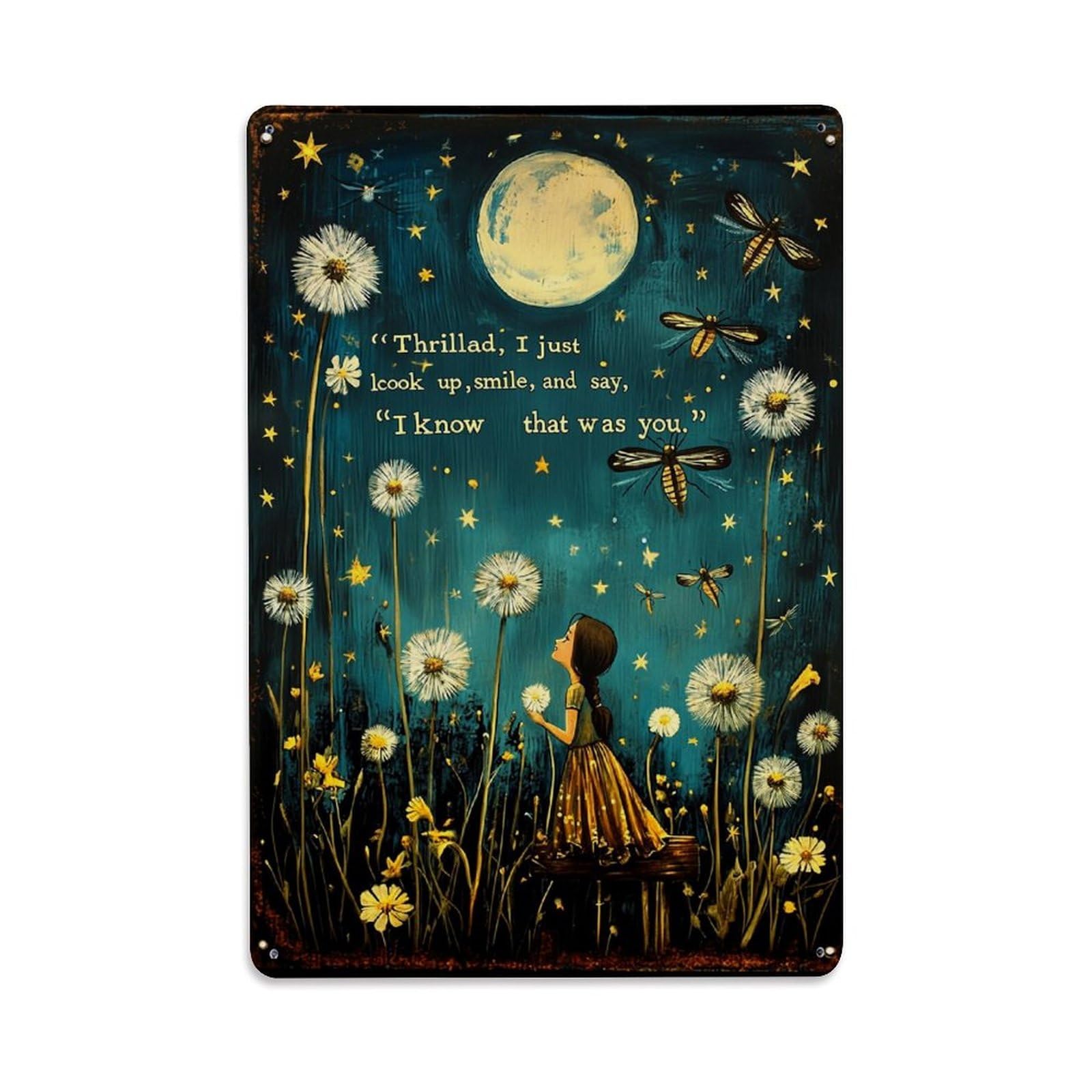 Jdfenggu Girls Vintage Under Moonlit Dandelion Sky Retro Metal Tin Sign, Metal Poster For Bar, Home, Man Cave, Kitchen, Laundry Room Art Decor 8X12 Inch