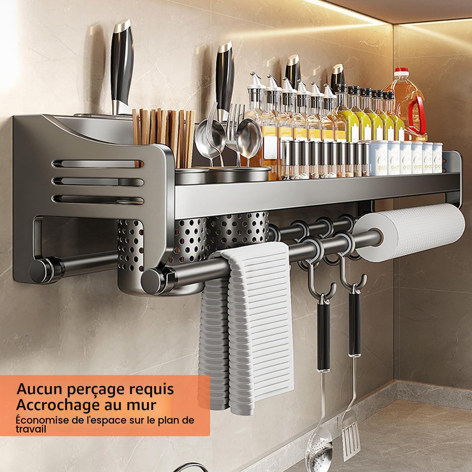 Etagere a Epices Murale Étagère Murale à Épices avec Porte-Sopalin Rangement Épices Cuisine Moderne - Étageres Murales de Cuisine Robustes,Gris,50cm 2cups