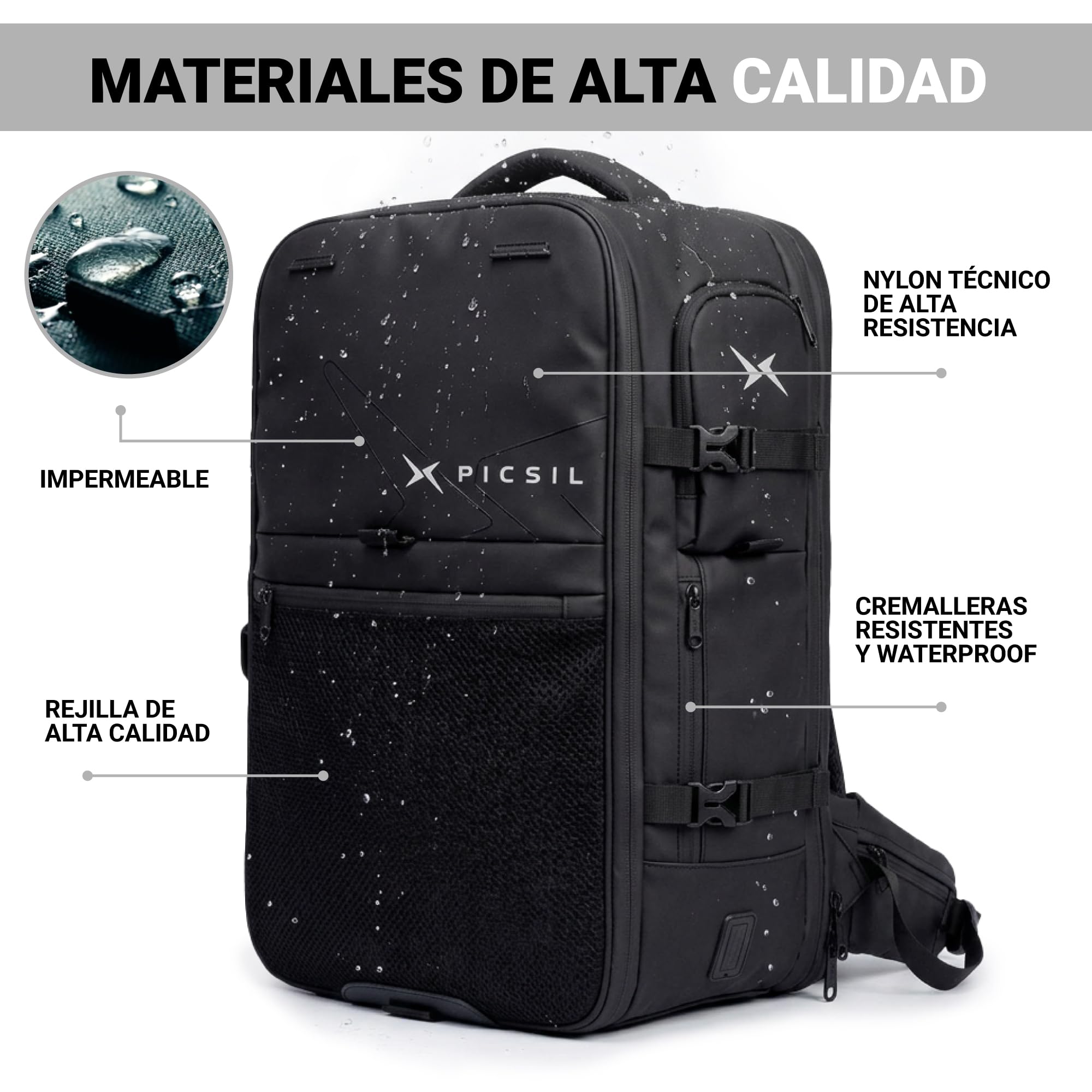 PICSIL Horizon, Mochila Cabina Extensible 26L-33L, Comparimento PC - Moss | 47x29x18,5 cm aptas para avión. Diseño modular impermeable, puerto USB-C y apertura 180°. Zapatillero y bandas trolley.