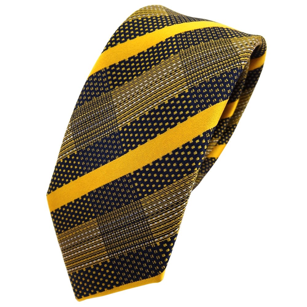 Tigertie Blue Narrow Silk Tie Yellow Sun-Yellow Silver Striped - Tie Necktie Silk Silk Necktie