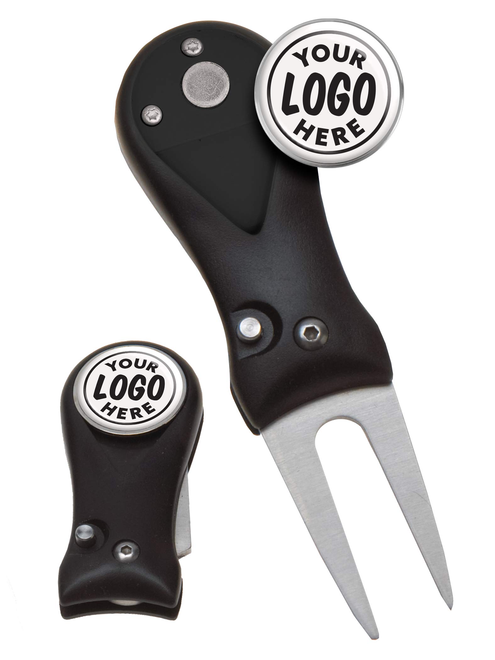 Golf Divot Tool Custom Logo | Switchblade Style | (5) 1" Logo Ball Marker | Personalized