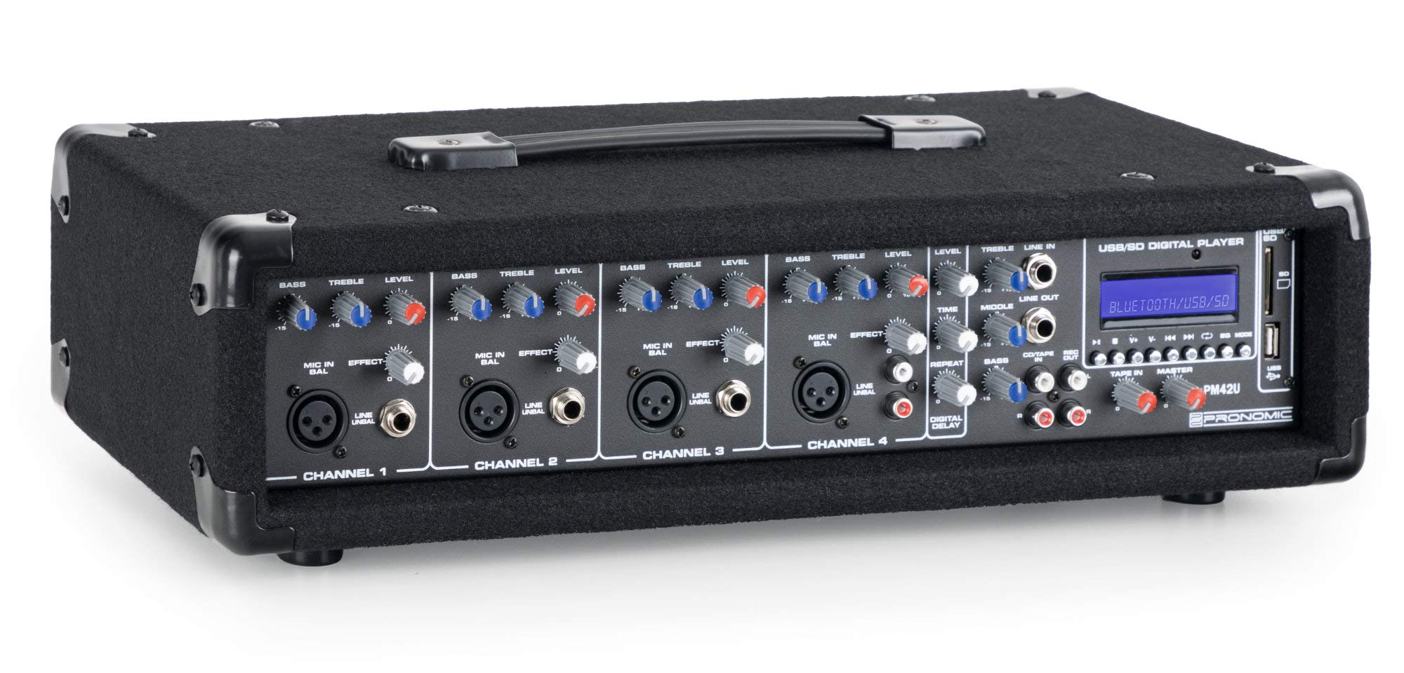 Pronomic PM42-Festival StagePower Set, Mixer Amplificato Pronomic PM42U | Ingresso XLR bilanciato per microfoni dinamici, Ingresso jack 6, 35mm sbilanciato, Canale 4 con ingresso Line in formato RCA