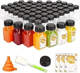 Tomnk 105pcs 4oz Mini Plastic Juice Bottles with Caps Empty Reusable Clear Bottles with Lids, Label, Funnel and Brush Beve...
