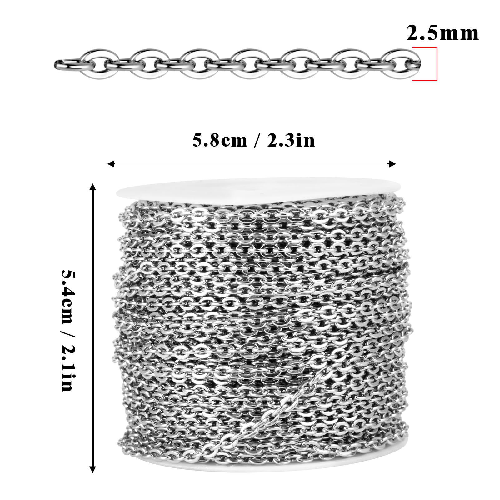 Łańcuszek ze stali nierdzewnej, 20 m, 2,5 mm, ze stali nierdzewnej 304, płaski łańcuszek, do produkcji biżuterii, rękodzieła, 20 m