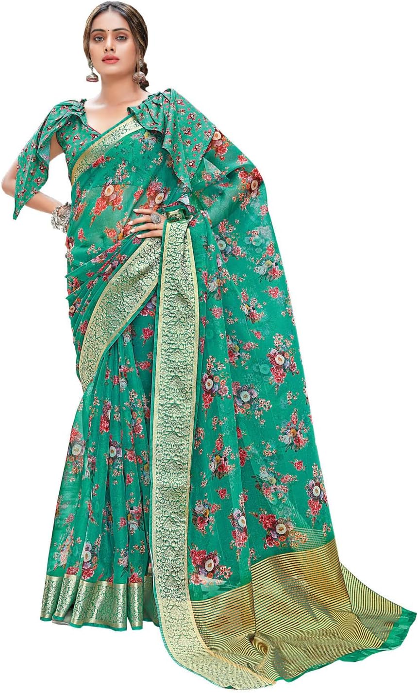 Riwazo Women's Organza Digital Print Saree with Blouse Piece (SGANG-1160,Rama)