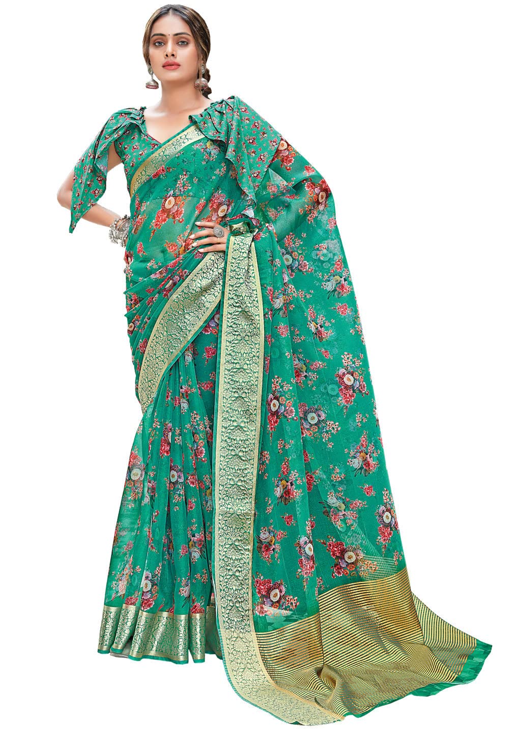Riwazo Women's Organza Digital Print Saree with Blouse Piece (SGANG-1160,Rama)