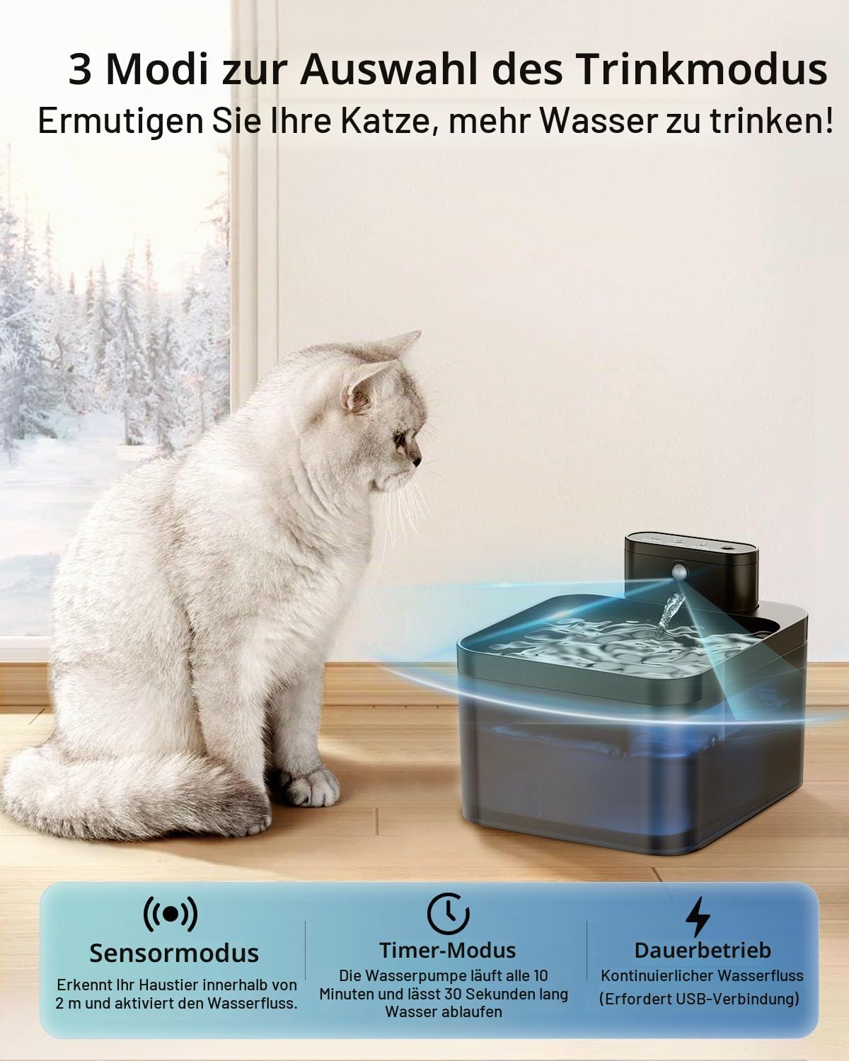 Katzenbrunnen Kabellos, VinDox 2.2L Trinkbrunnen für Katze Kabellos mit Bewegungsmelder, Batteriebetrieben Katzentrinkbrunnen, 2600mAh, Leise Wasserpumpe, 6 Ersatzfilter+ 6 Filterschwämme, Schwarz