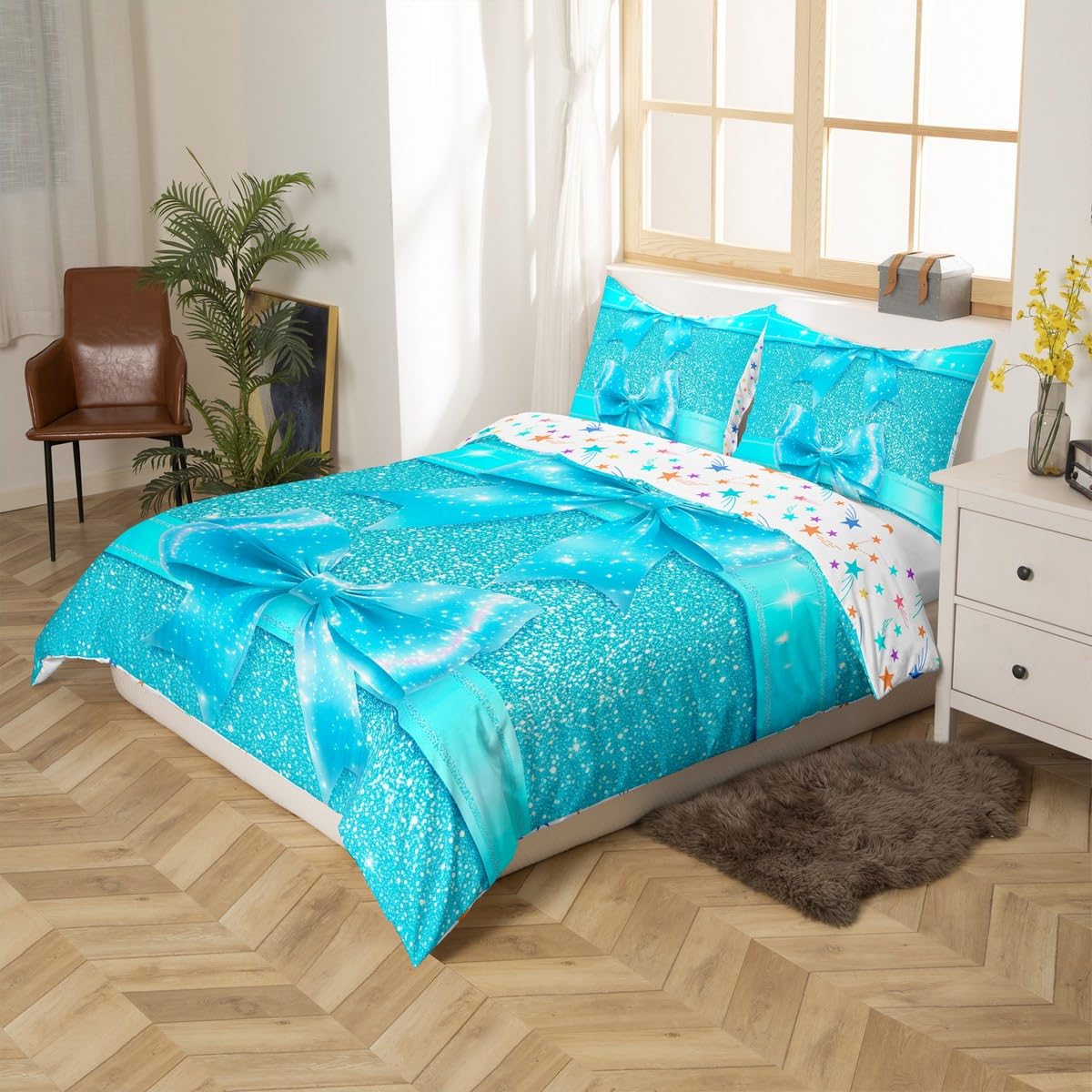Homewish Turkusowa kokarda poszewka na kołdrę urocza jedwabna wstążka kokardka poszewka na kołdrę super king brokat gwiazdy marzycielska księżniczka zestaw pościeli dla dzieci dziewcząt nastolatek
