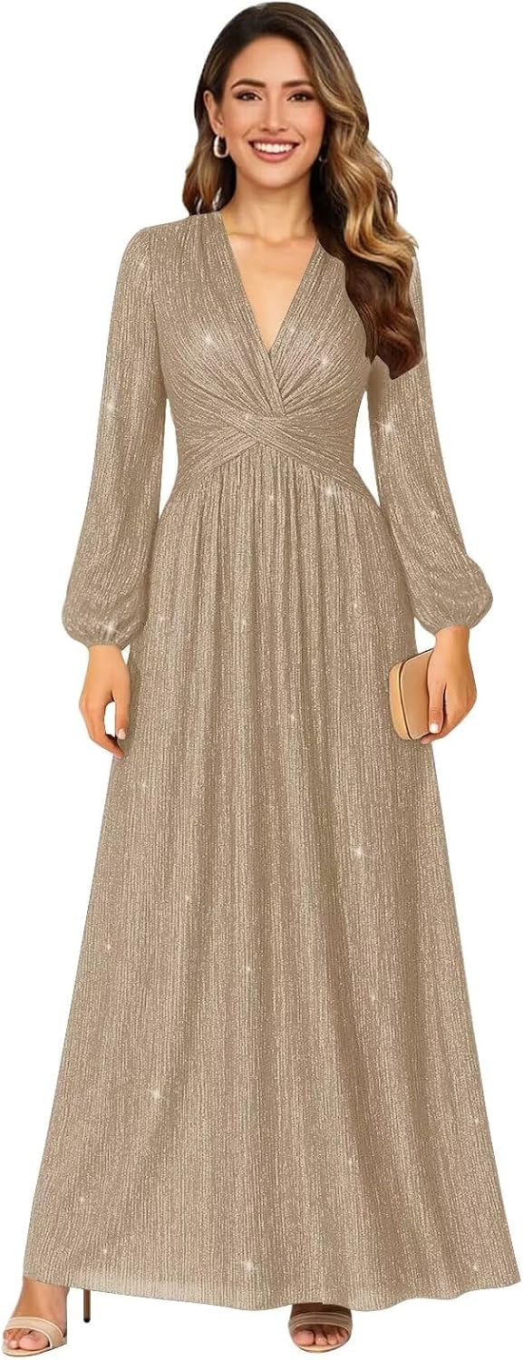 Verngo Glitter Tulle Prom Dresses for Women 2026 Long Sleeve A Line V Neck Formal Evening Cocktail Dress