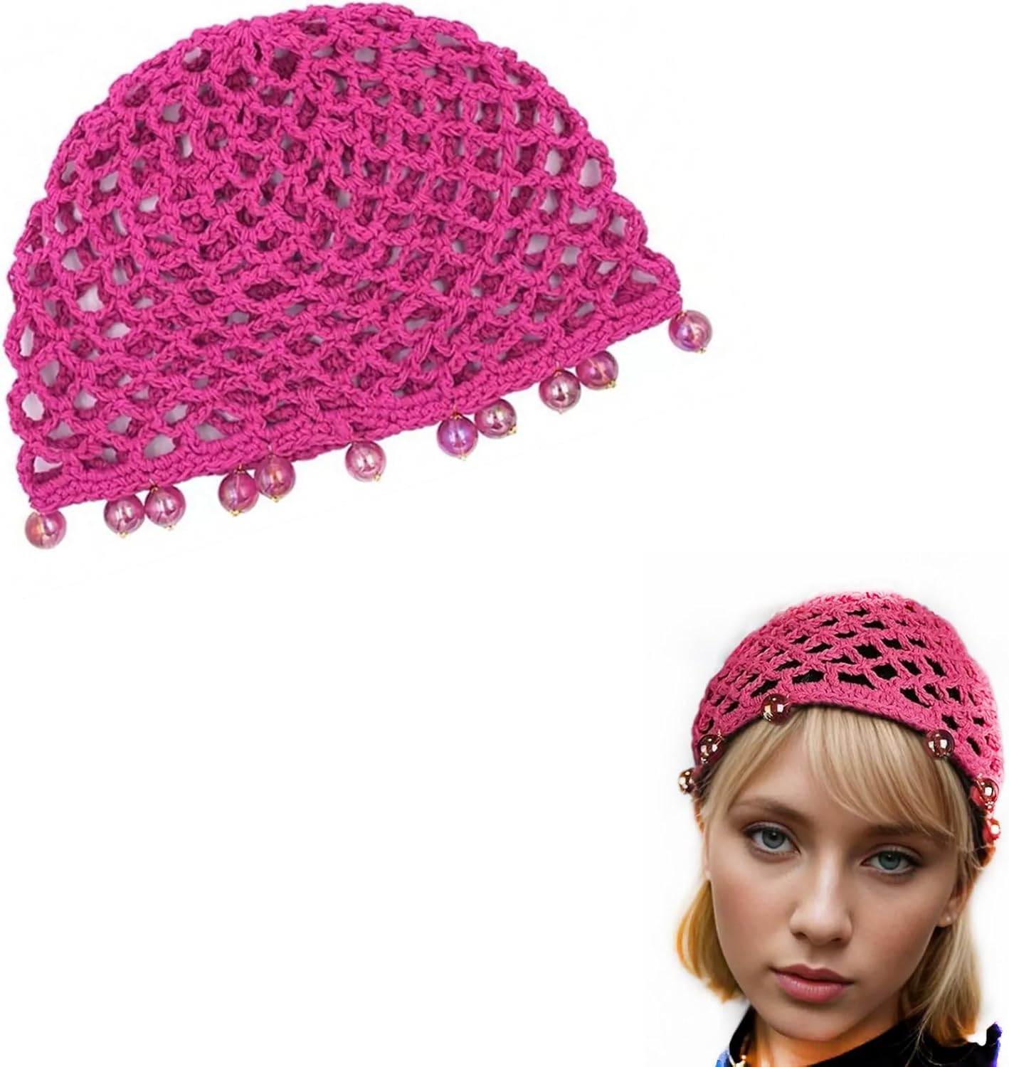 1pc Pink Crochet Hair Mesh Cap with Pearls Knitted Soft Knitting Snood Hair Deco Accessory for Women Girls
