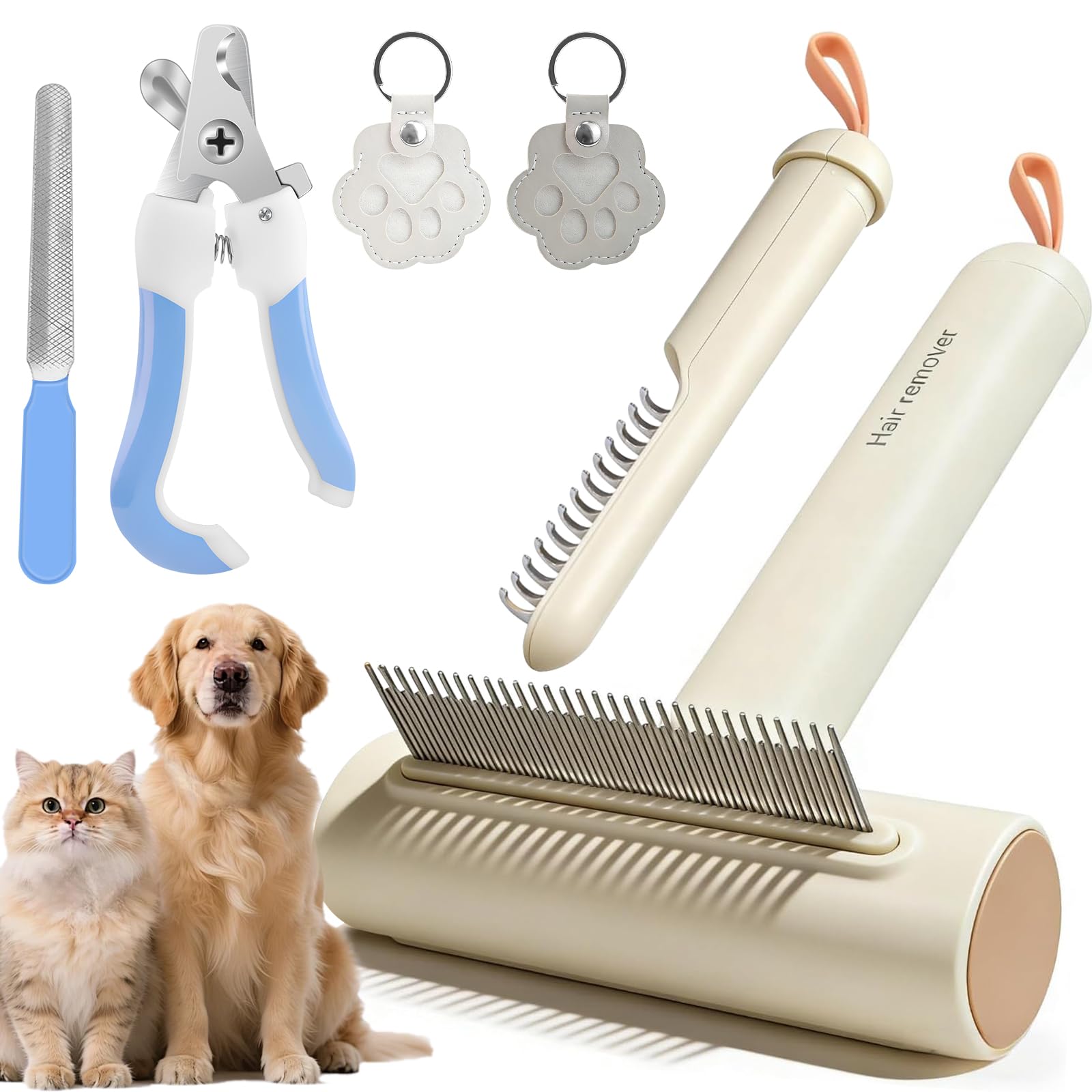 ALLFYL 3 in 1 Dematting Rake Dog Cat Deshedding Brush – Professional Undercoat Rake for Shedding & Dematting – with Pet Nail Clippers (Safety Guard) & Fur Keepsake Keychain