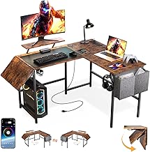 L Shaped Gaming Desk with Desk Extender, 120-150cm Smart Corner Computer Desk with LED Lights & Power Outlets, Monitor Stand, Storage Bag, for Work, Home Office, Bedroom, Study, Rustic Brown