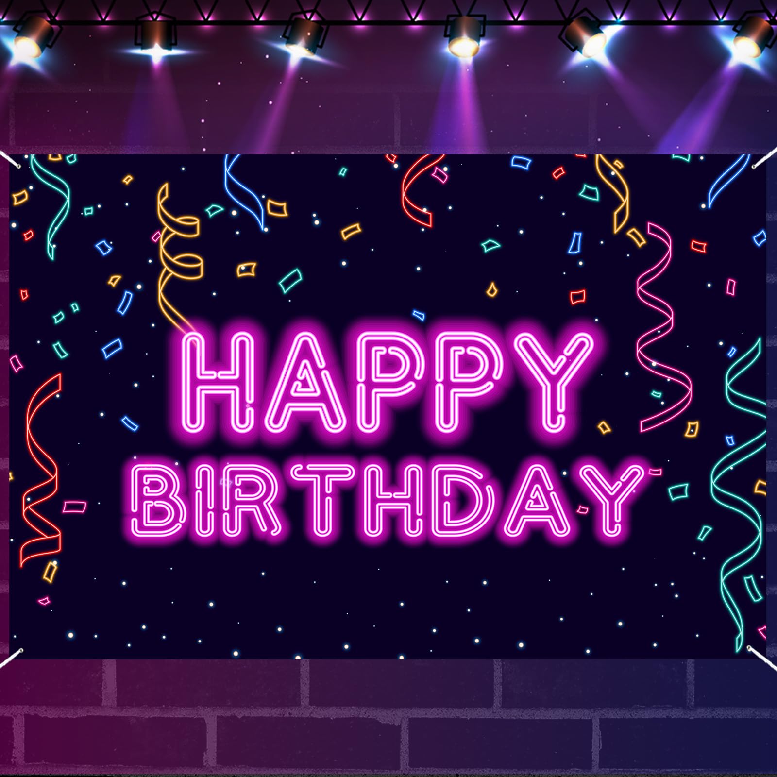 Neon Happy Birthday Banner Backdrop, Let Glow Party Disco Dance Theme Birthday Banner, Colorful Night Decorations for Girls Boys Women Men Birthday Party Photo Props Decor Supplies Glitter Favors — image 1