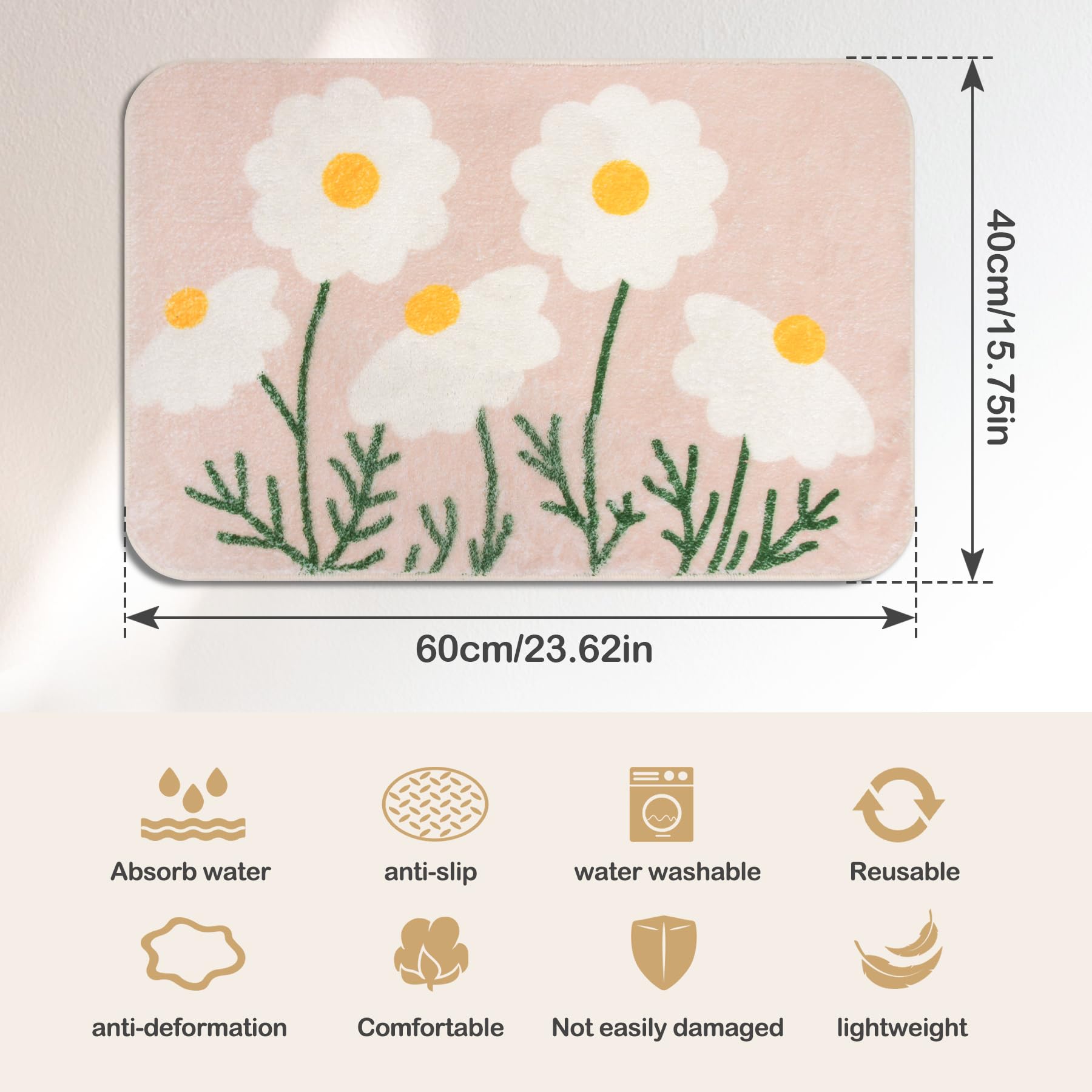 Spesh Bath Mat for Bathroom 40x60 cm Non Slip Bathroom Floor Mat Soft Flower Bath Rug, Durable and Machine Washable(Daisy) - Image 2