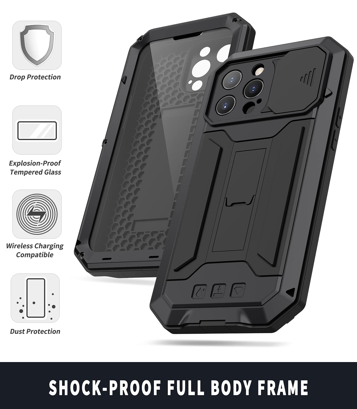 Custodia Militare In Metallo Per IPhone 13 Pro, Con Cavalletto E Protezione Scorrevole Per Fotocamera, Antiurto