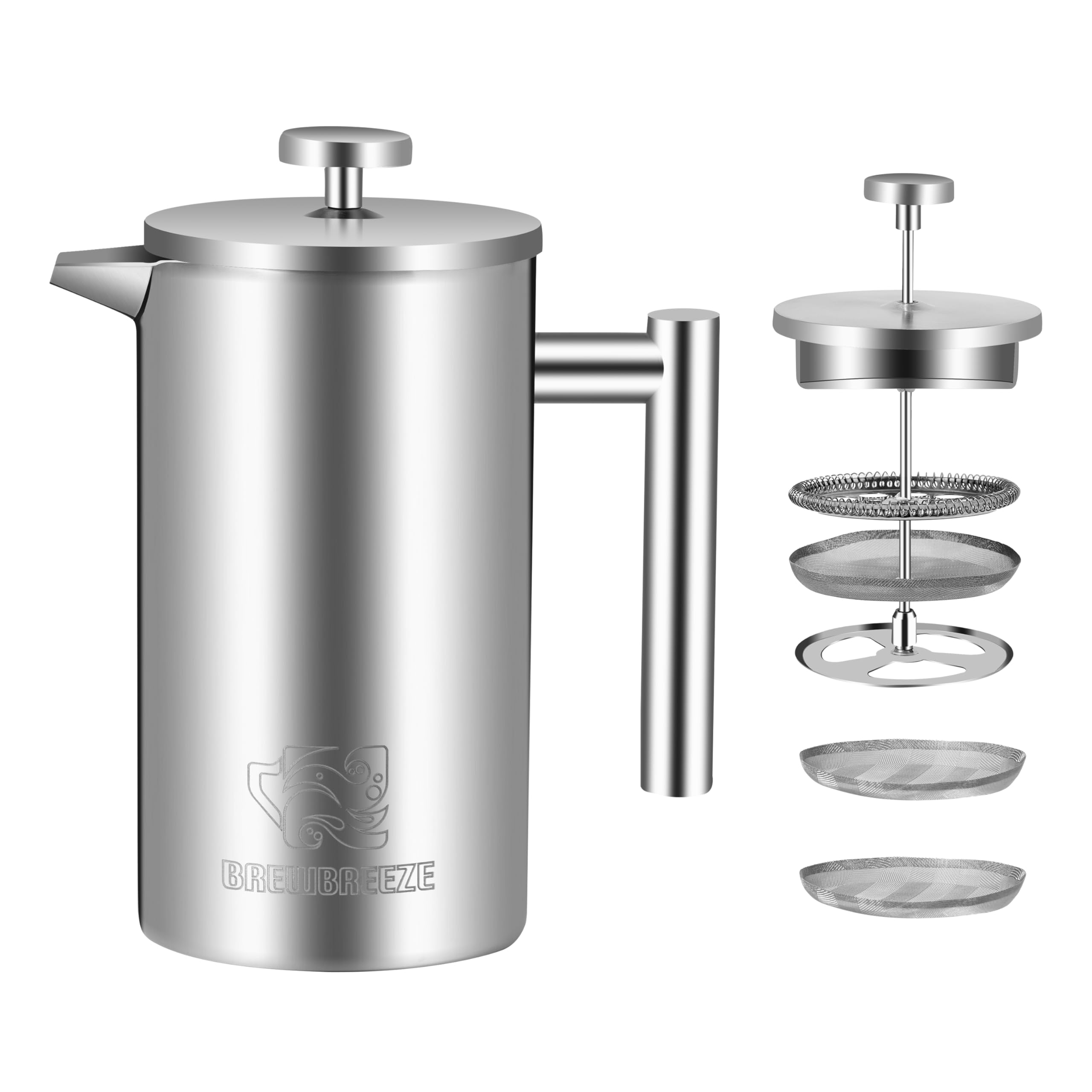 French Press Set I Kaffeebereiter, Thermo, Kaffeepresse, für Filterkaffee, 1 Liter - 5 Tassen, doppelwandig, isoliert, Edelstahl (Mattsilber, 1 Liter)