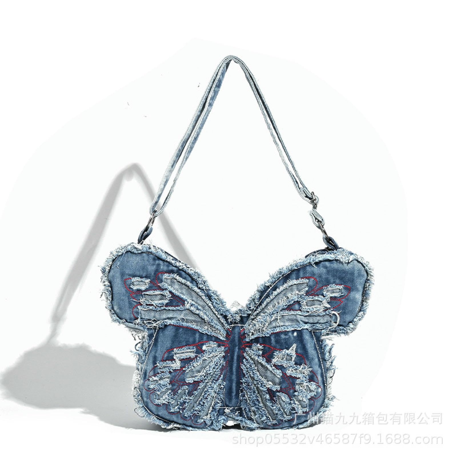 Borsa A Tracolla da Donna in Denim Lavato, Farfalla, Tracolla, Tracolla-Verde