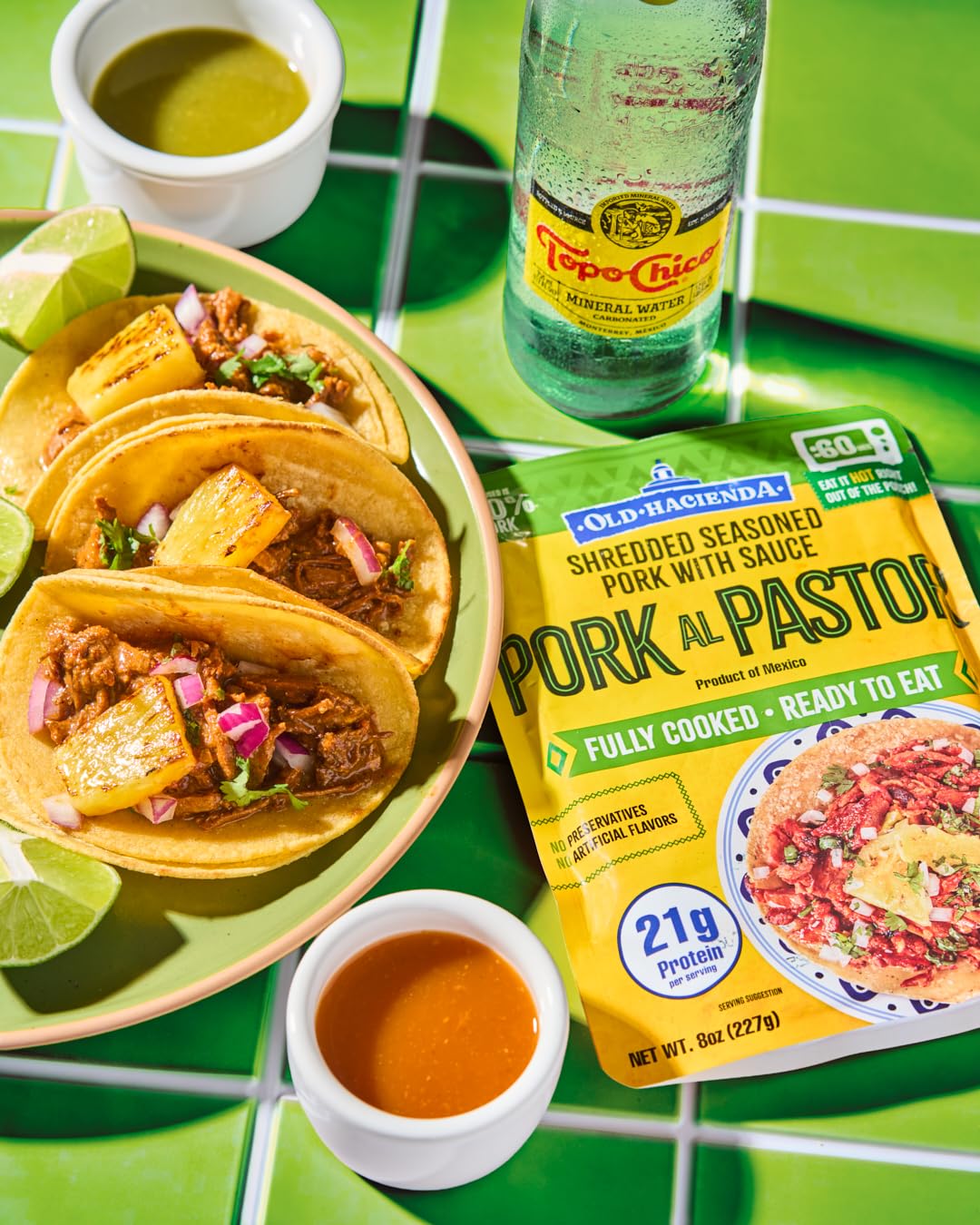 Old Hacienda Pork al Pastor | 100% Shredded Seasoned Pork with Sauce | Fully Cooked & Ready to Eat | 21g Protein | No Preservatives, Artificial Flavors or Colors | BPA Free Pouch | Pack of 3 - 8oz