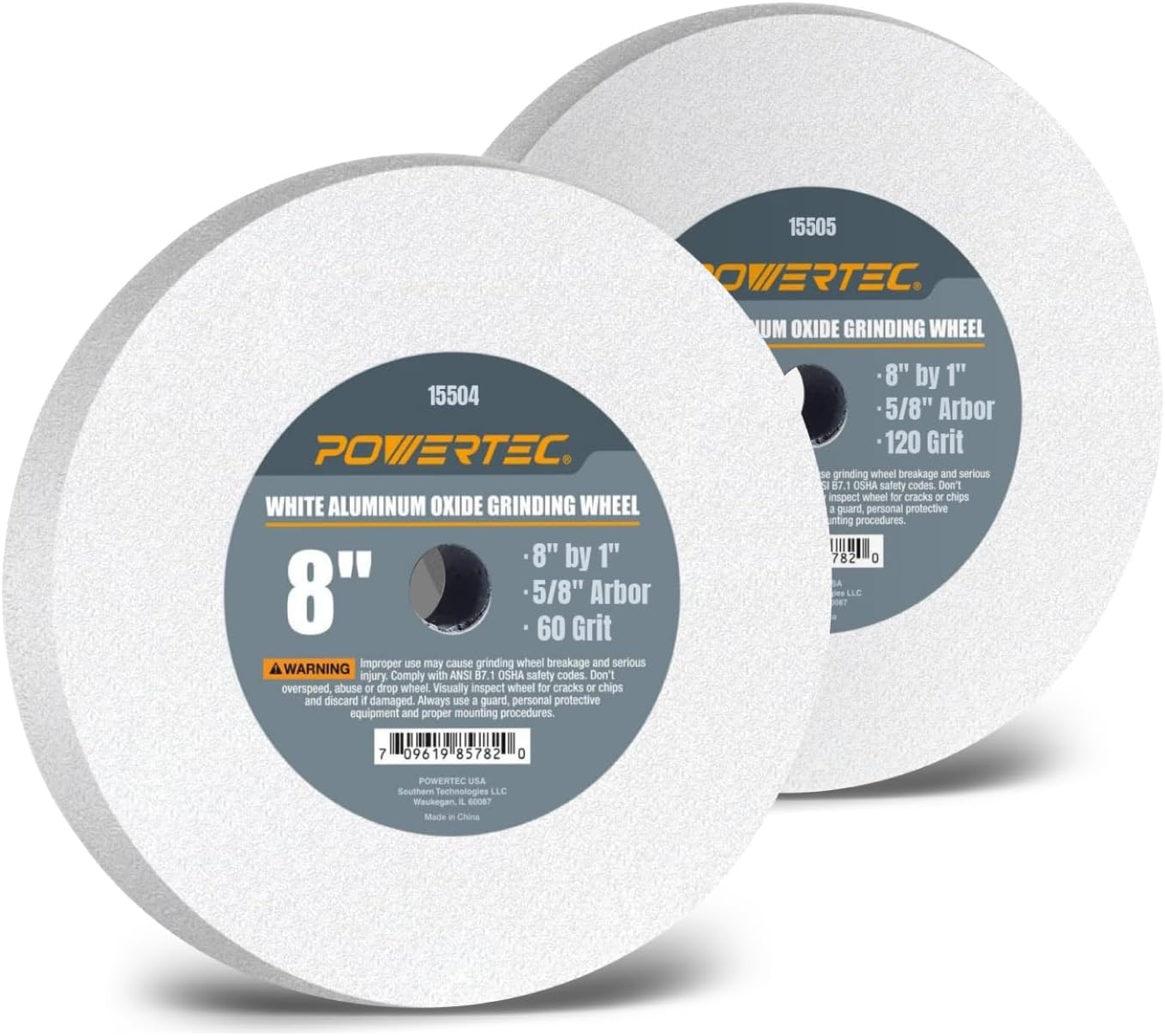 POWERTEC Bench Grinder Wheel 8 Inch White 60 & 120 Grit, White Aluminum Oxide Grinding Wheel for Bench and Pedestal Grinder, 1" Thick 5/8" Arbor, Sharpening & Shaping Drill Bits, Blade, Chisel, 2PK