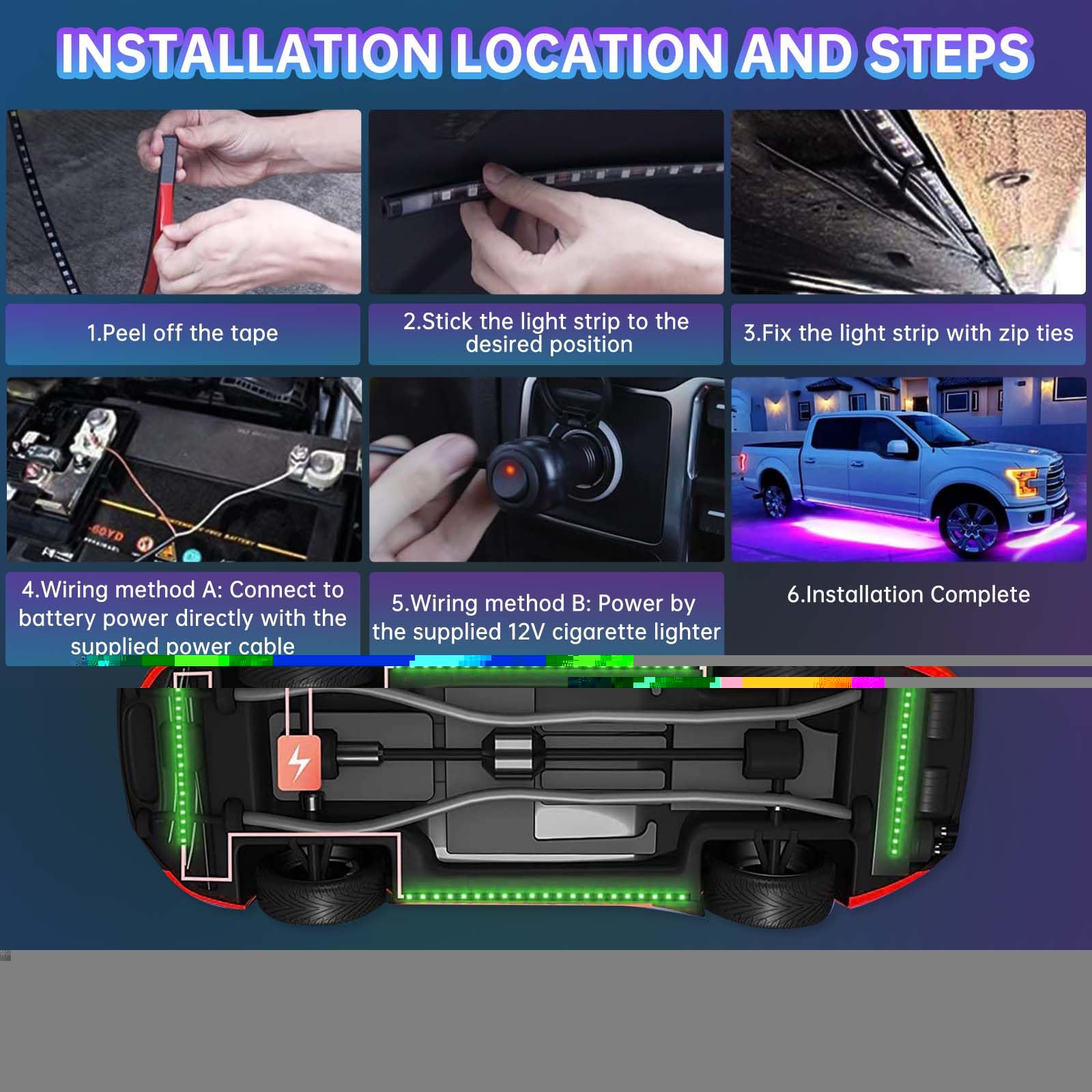 DREAMIZER Kit Luci Sottoluce per Auto - 6 Pezzi, Multicolore RGB, Sincronizzazione Musicale, APP e Telecomando, Impermeabile, LED per Camion SUV