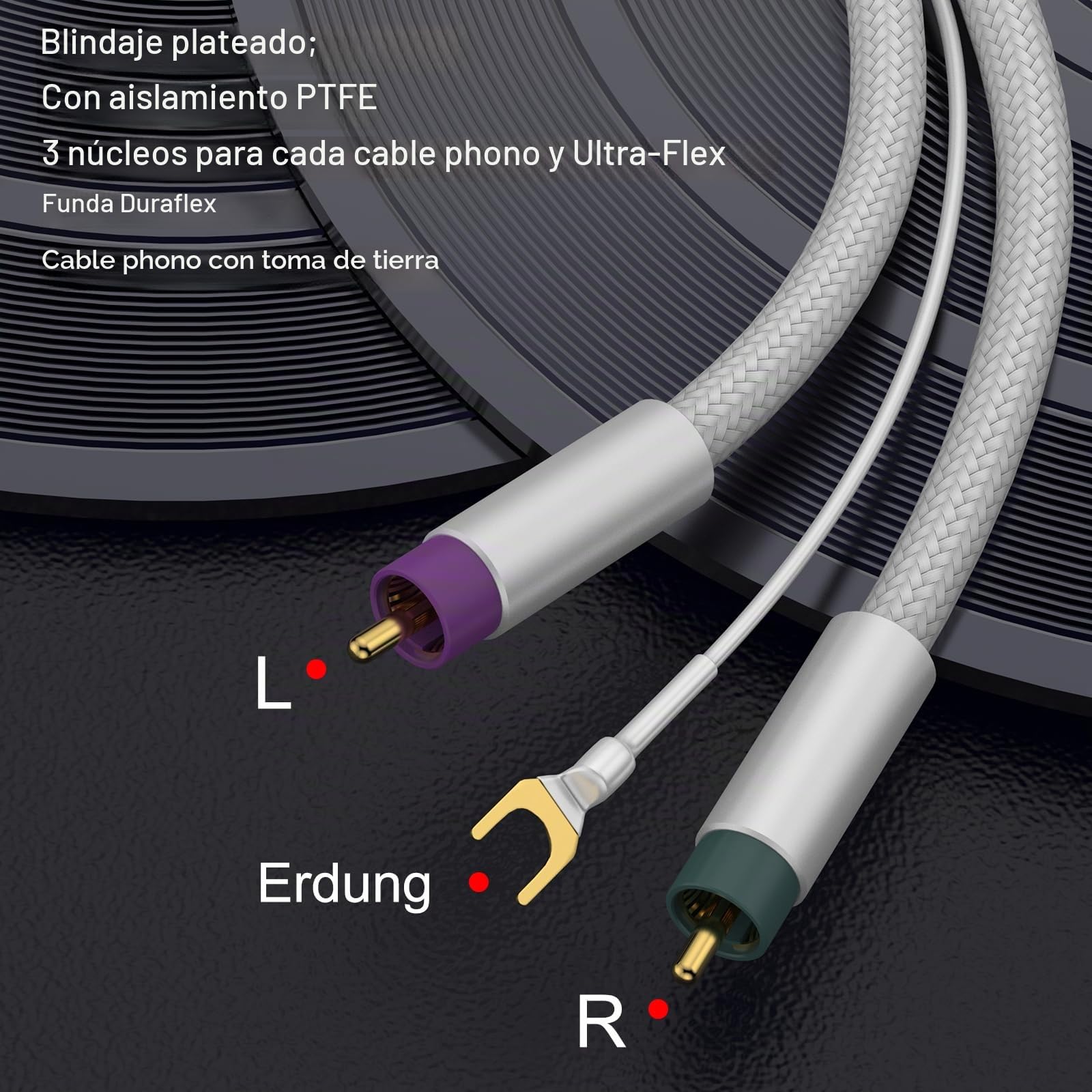 Tertullus Cable de audio con toma de tierra, 1,5 m, blindaje plateado, cable de brazo de tono OFC chapado en plata, cable RCA RCA a tierra, conectores dorados para amplificador tocadiscos (2 RCA a 2