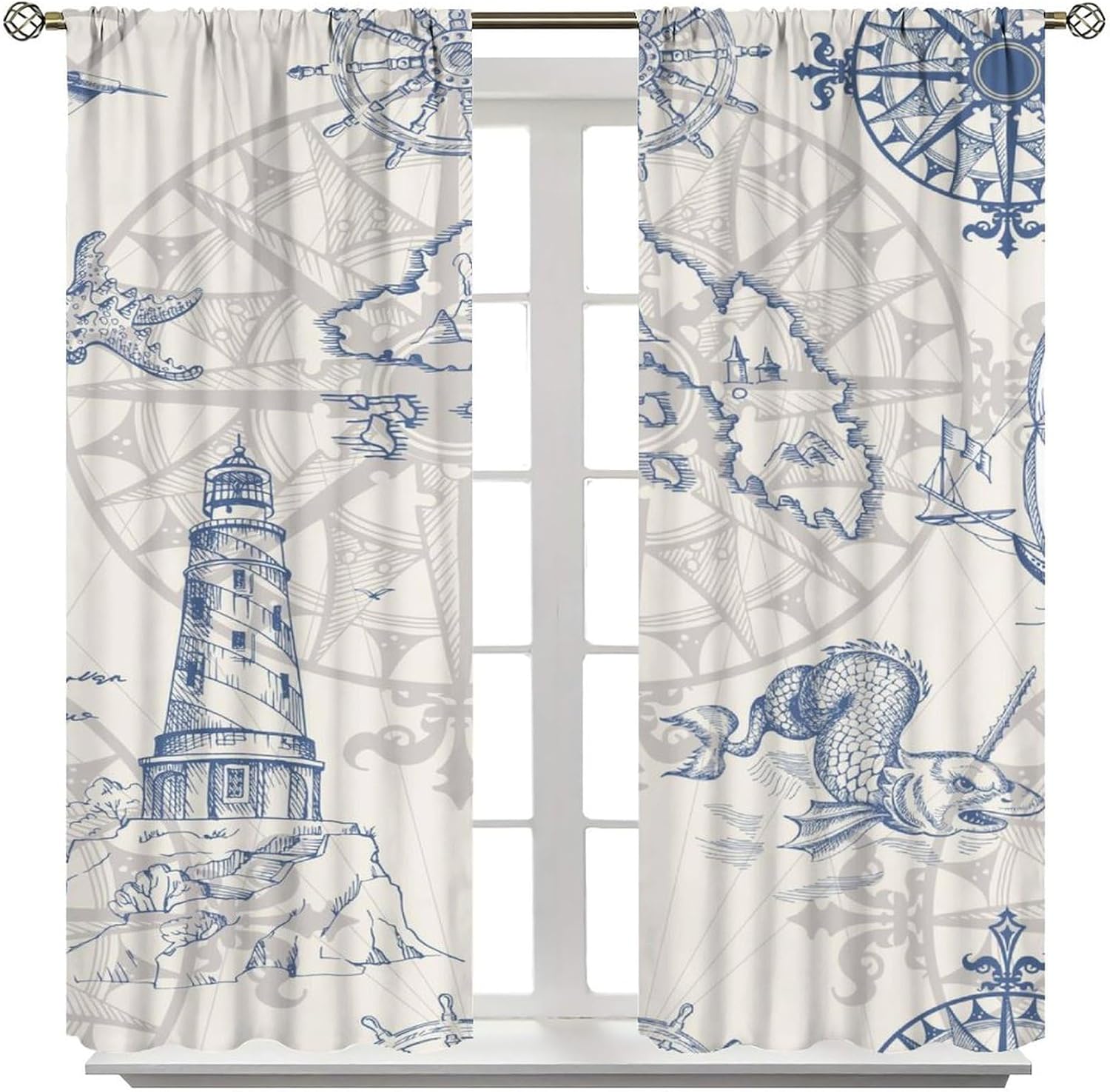 Nautical Theme Window Draperies, Pirate Sailboat Curtains for Bedroom & Living Room, Ocean Window Treatment - Starfish & Octopus Print, Set of 2 Panels, 42x45 inch