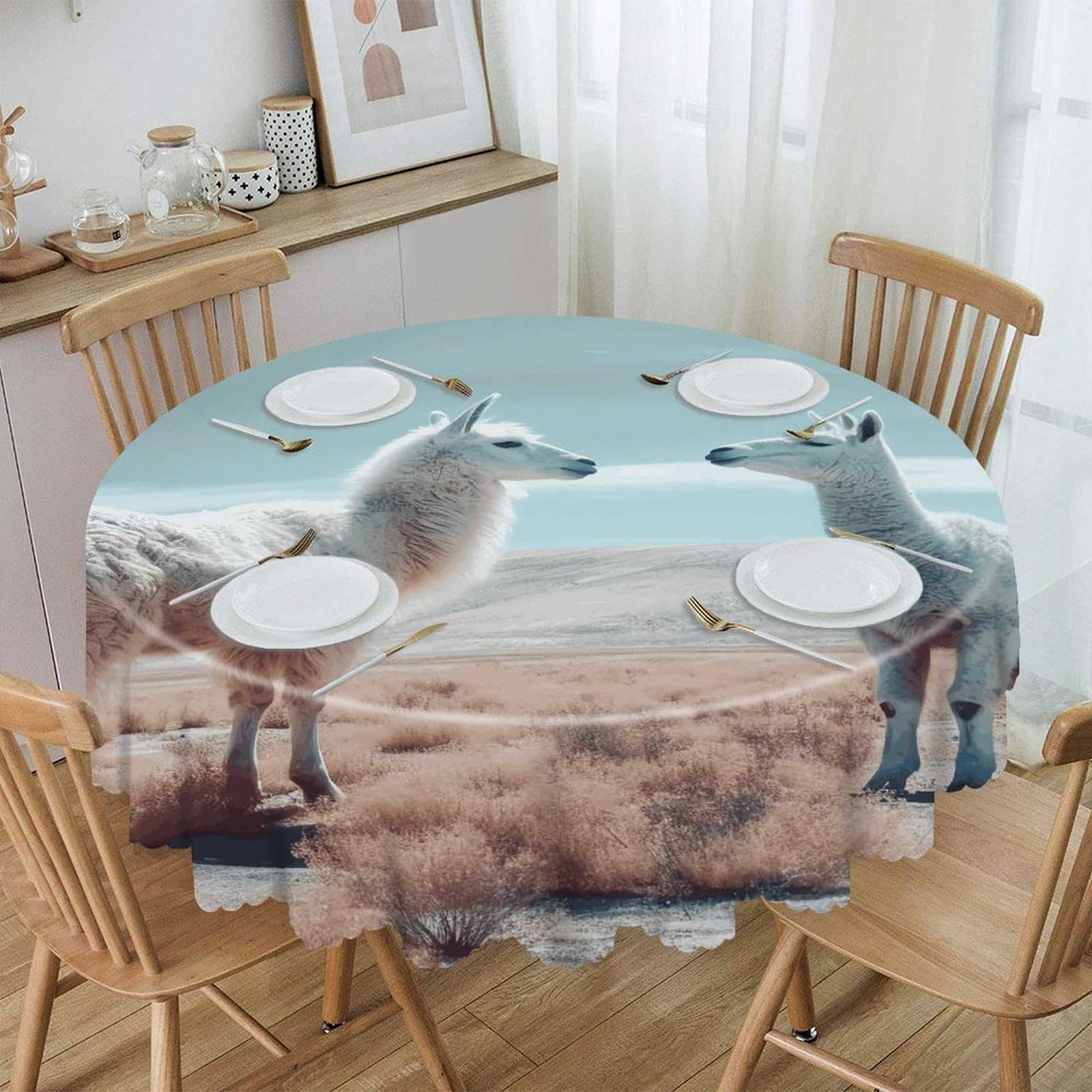 VstaDank Alpaca on The Grass Round Tablecloth 60 Inch Easy to Clean Circle Table Cover Thick Decorative Round Polyester Table Cloth for Dining Kitchen Party Farmhouse Outdoor