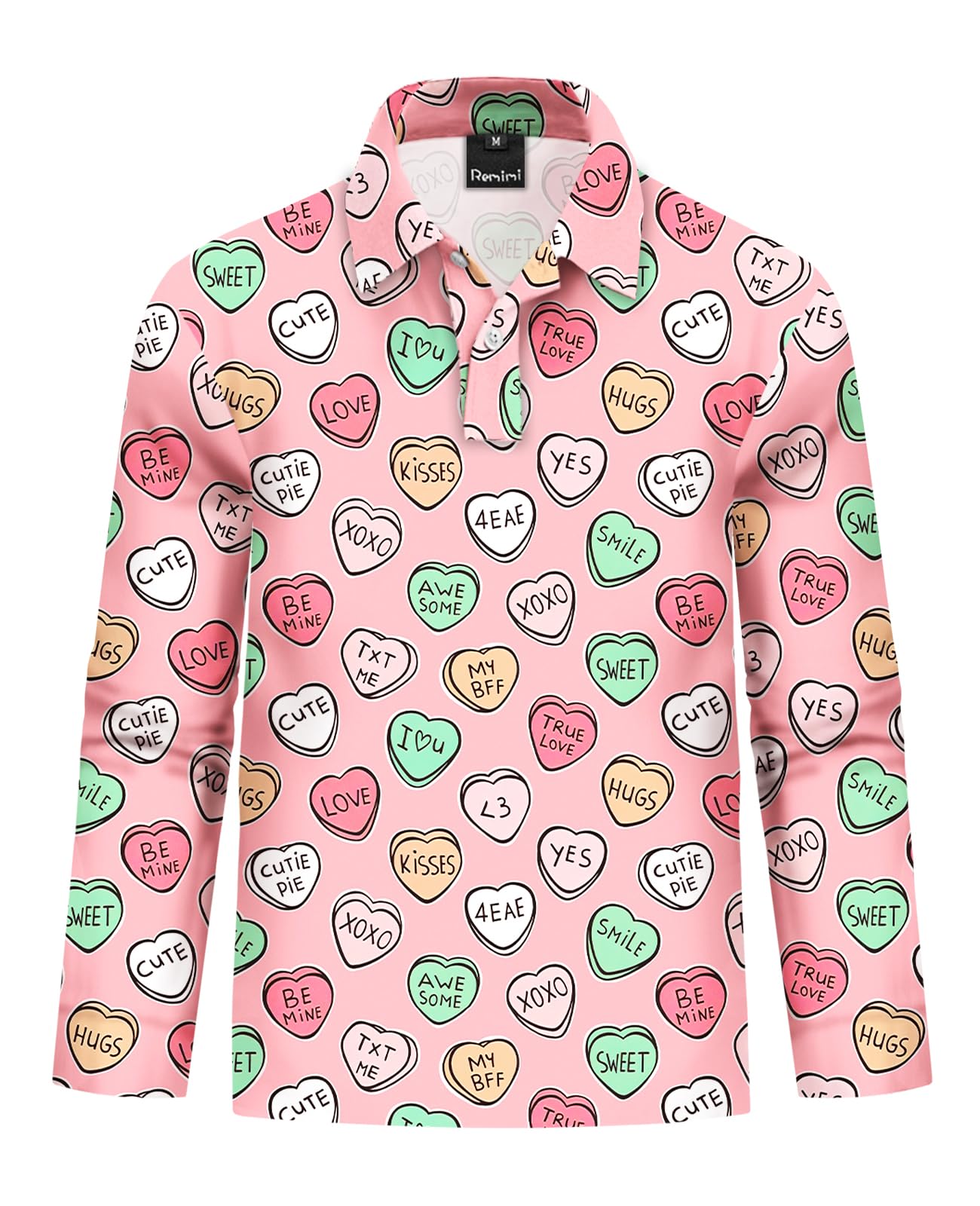 Remimi Kids Valentines Print Polo Shirt Mardi Gras Long Sleeve Collared Shirts 5-14 Years