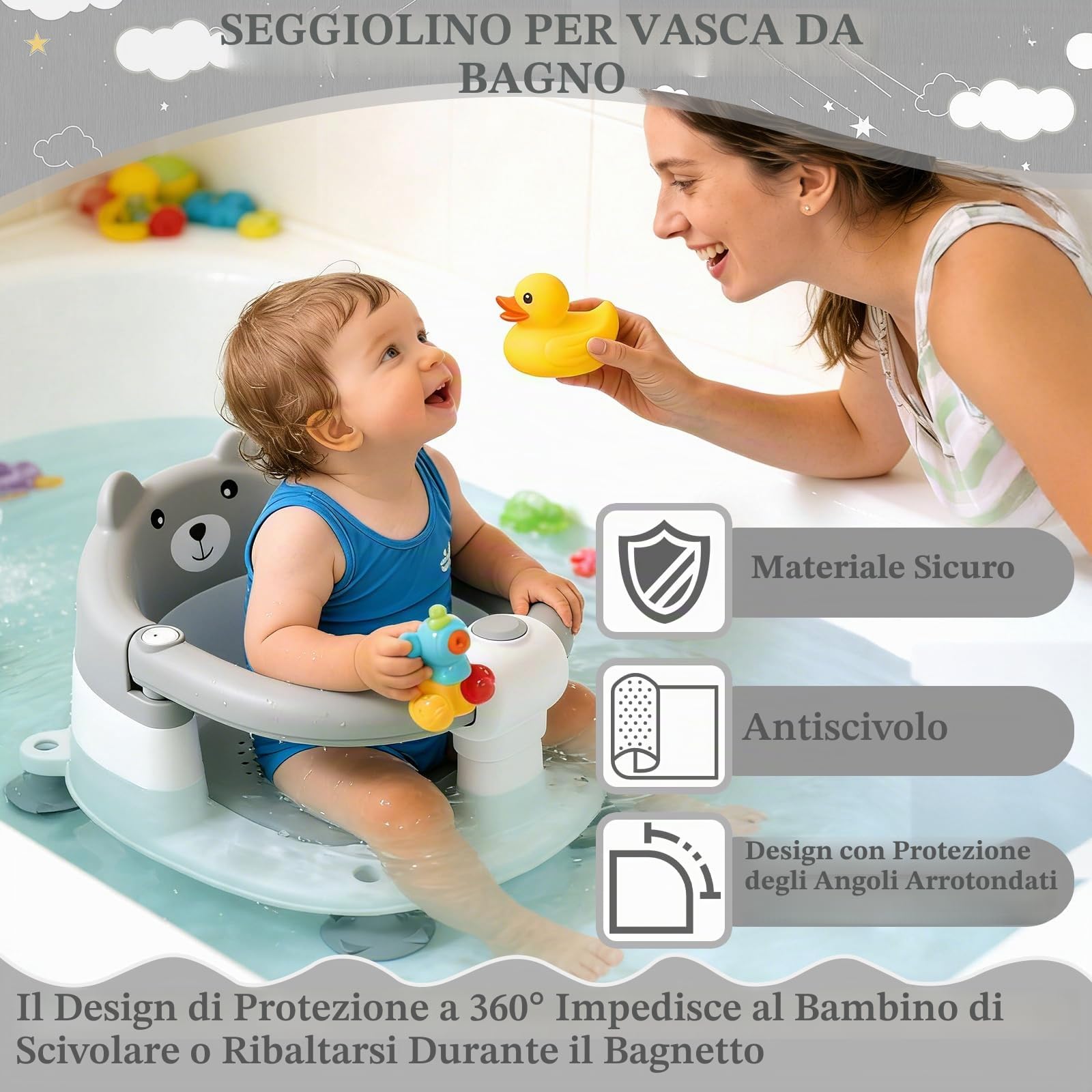 Seggiolini Per Bagnetto, Seggiolino Doccia Neonato, Seggiolino Da Bagno Antiscivolo Per Bambini A Partire Da 6 Mesi, Protezione A 360°, Per Doccia O Vasca Da Bagno (Grigio)
