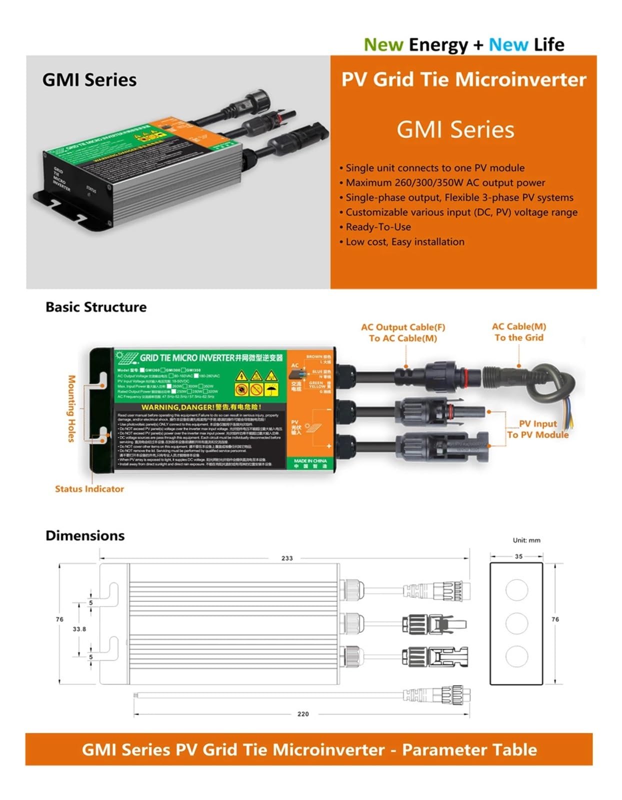 Micro inverter solare MPPT da 300 W 350 500 600 700 DC26V-46V a AC110V-230V 50HZ/60HZ fotovoltaico Stoccaggio energetico domestico(GMI-300W,80V-160VAC)