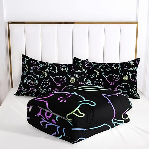Miniatura 5 de AILONEN Juego de ropa de cama con diseño de gato de línea degradada, tamaño individual, juego de edredón multicolor con siluetas de gato para niños