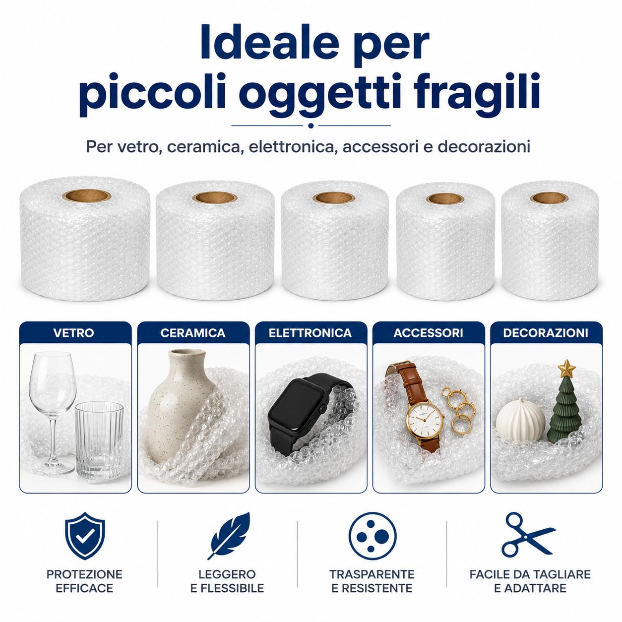 All4All Pluriball per Imballaggio – 5 Rotoli da 20 cm x 100 m, Totale 100 m², Protezione Antiurto per Spedizioni, Traslochi e Oggetti Fragili
