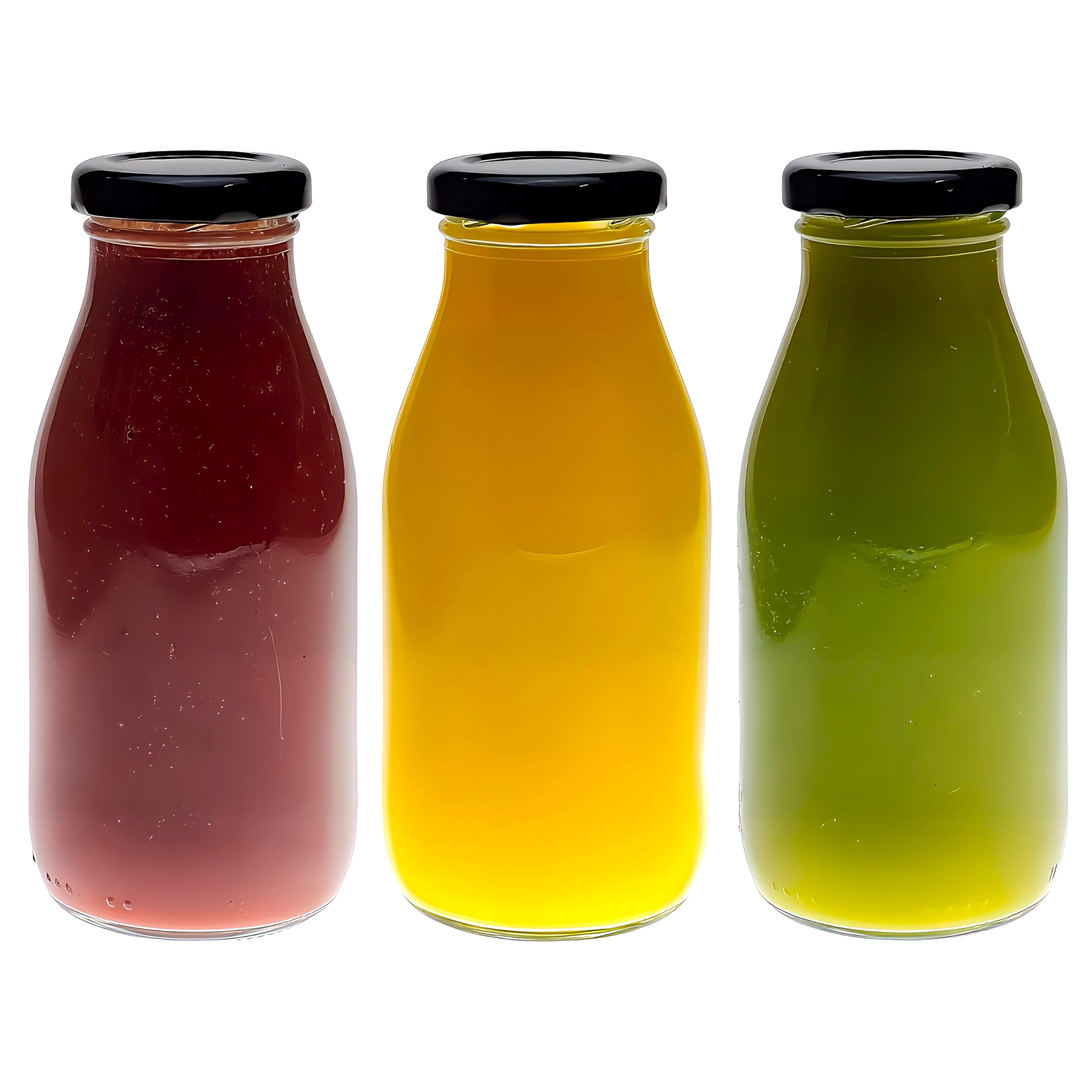 COS 3 X 250ml Glass Milk Bottle with Pretty Black Lids Small Glass Jars for Milk, Fruit Juice, Smoothies