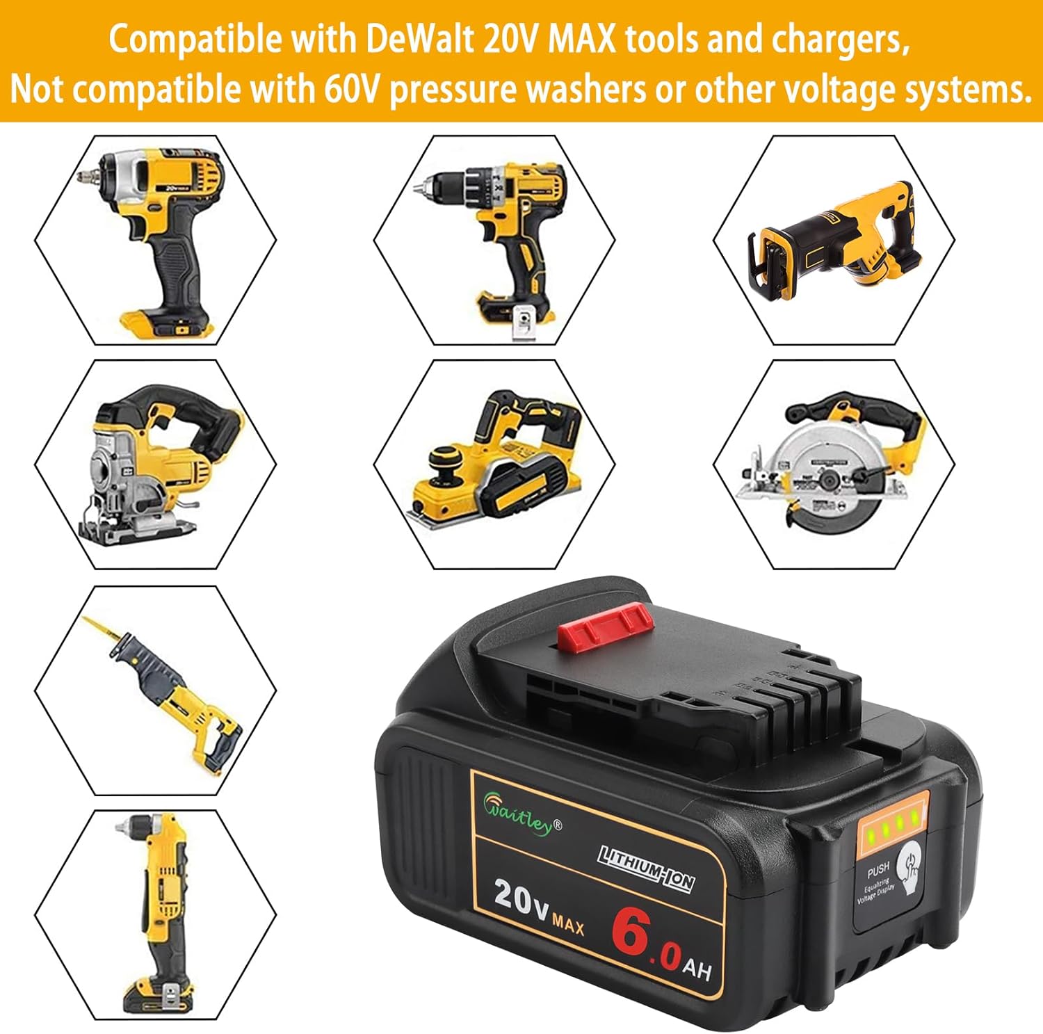 waitley 20V 6.0A Replacement Battery Compatible with Dewalt DCB200 DCD DCF DCG Series Cordless Power Tools (Not Made in Dewalt)