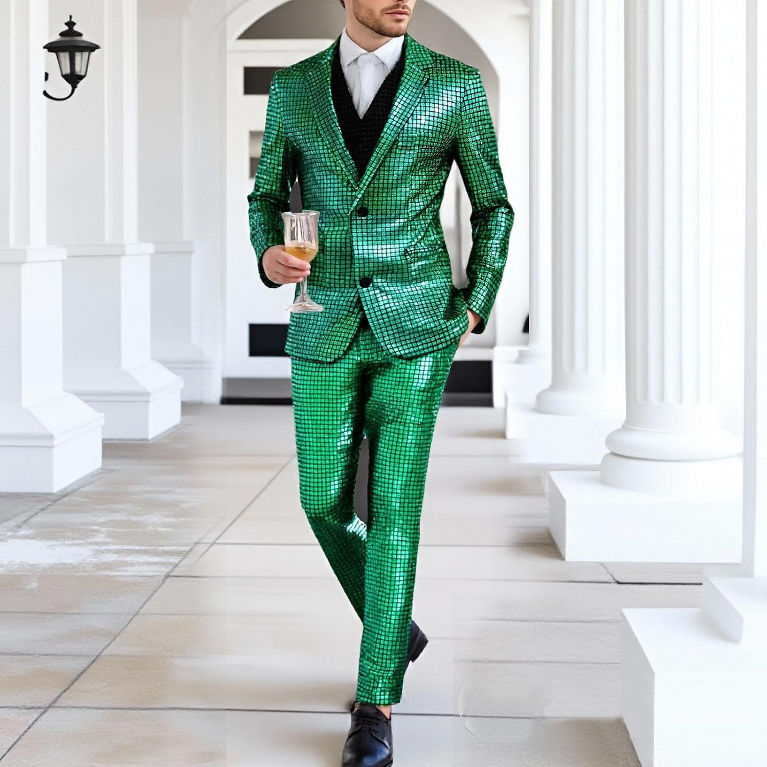 Men Sequins Bronzing Disco Blazer Suit Classic Shiny Notched Lapel Coat&Trouser 2 Pieces Night Party Dance Sets