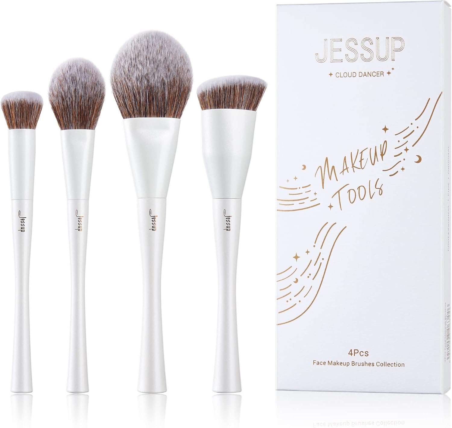 Jessup Makeup Brushes 4 Pieces Face Makeup Brushes Set for Highlighter, Powder, Contour, Blush Brushes, Pearl White T344