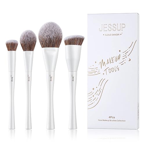 Jessup Juego de 4 brochas de maquillaje facial para base, corrector, rubor, contorno de polvo, resaltador de polvo, blanco perla T344